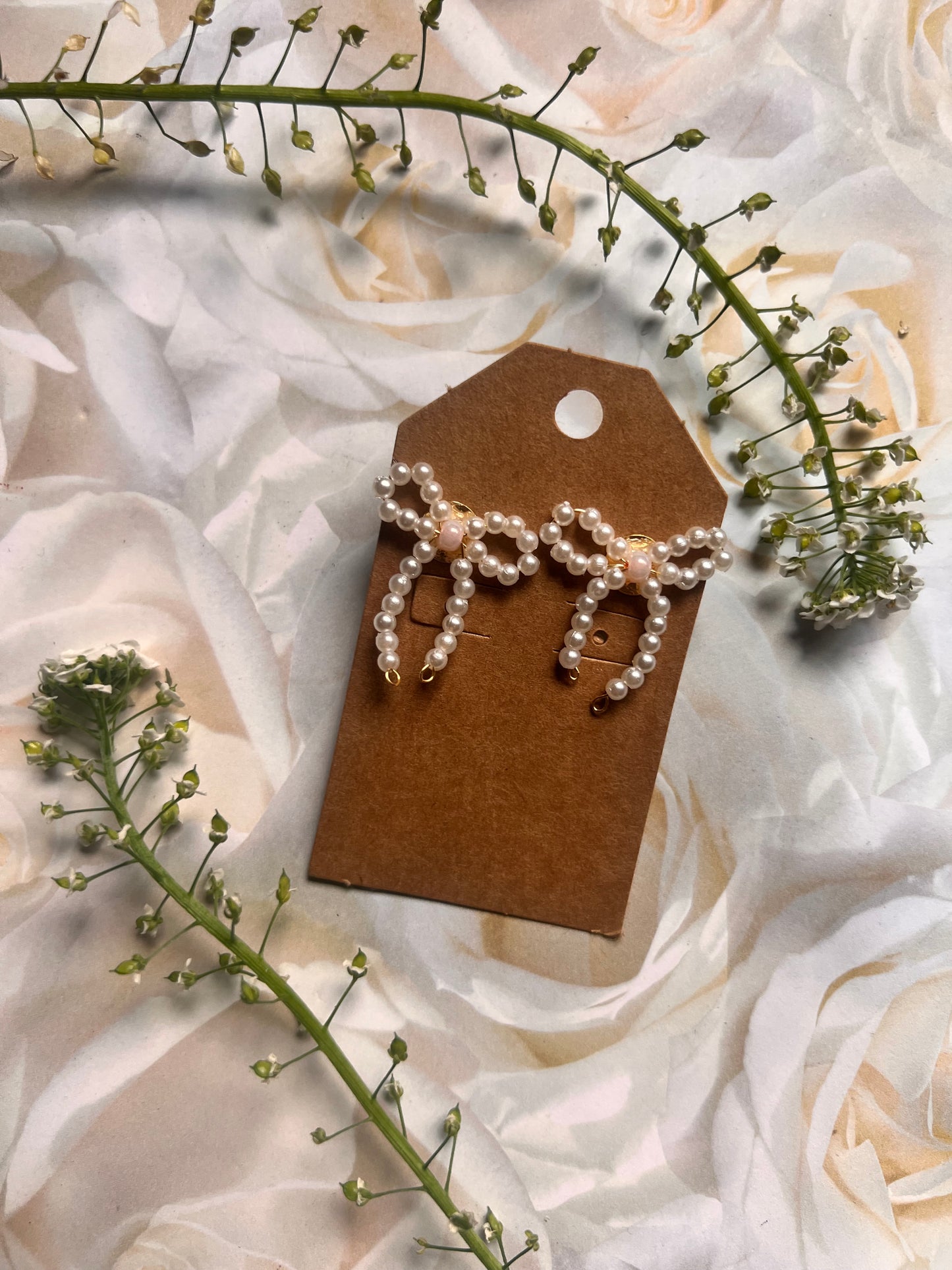 Pink and Pearl Bow Stud Earrings