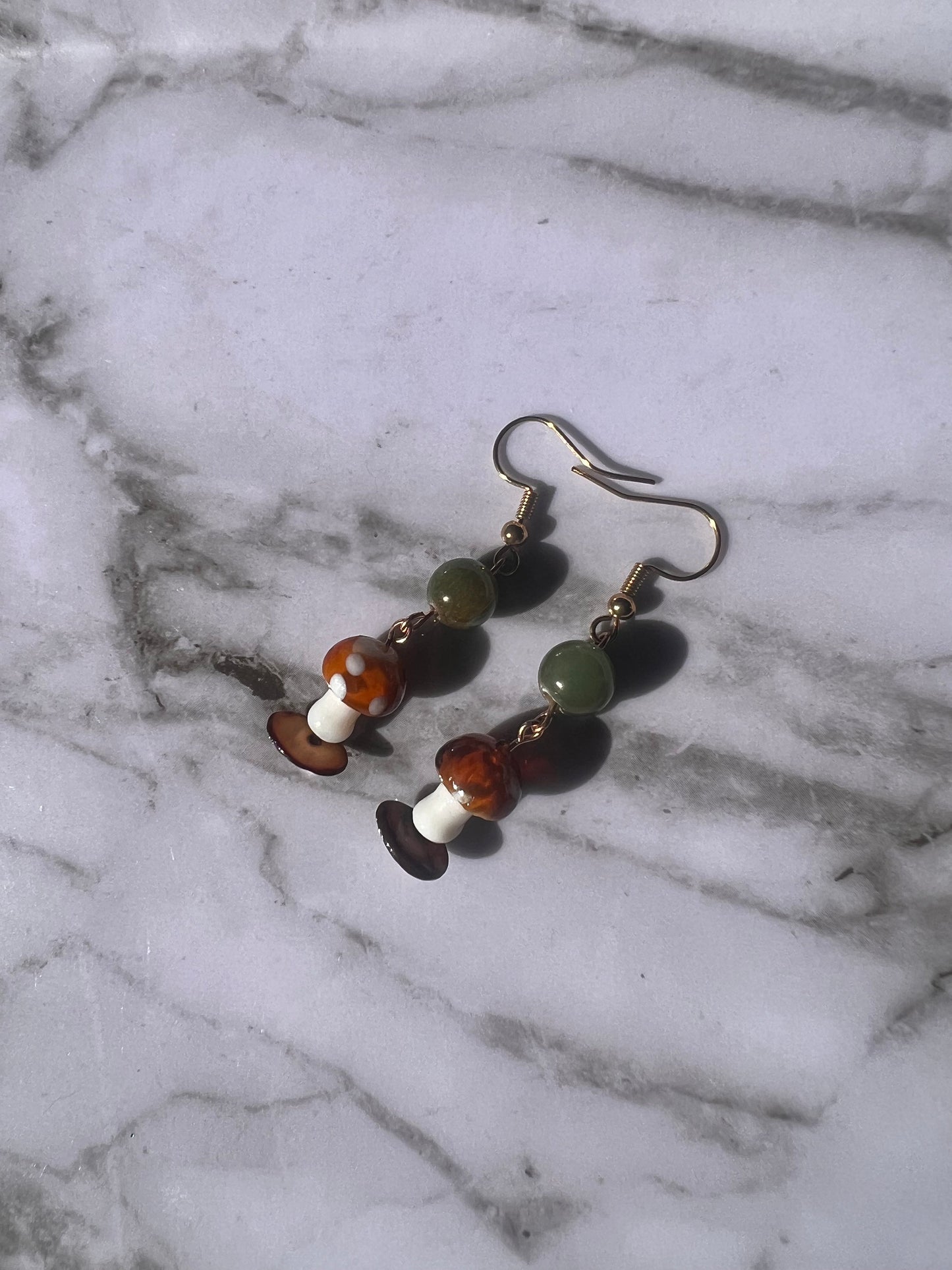 Glass Brown Mushroom and Green Dangly Earrings