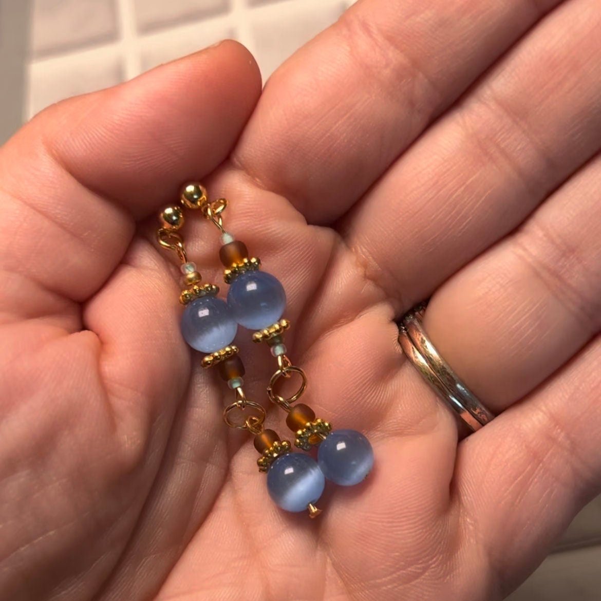 Dangly Cat-Eye Glass Beaded Earrings: blue/pink/green