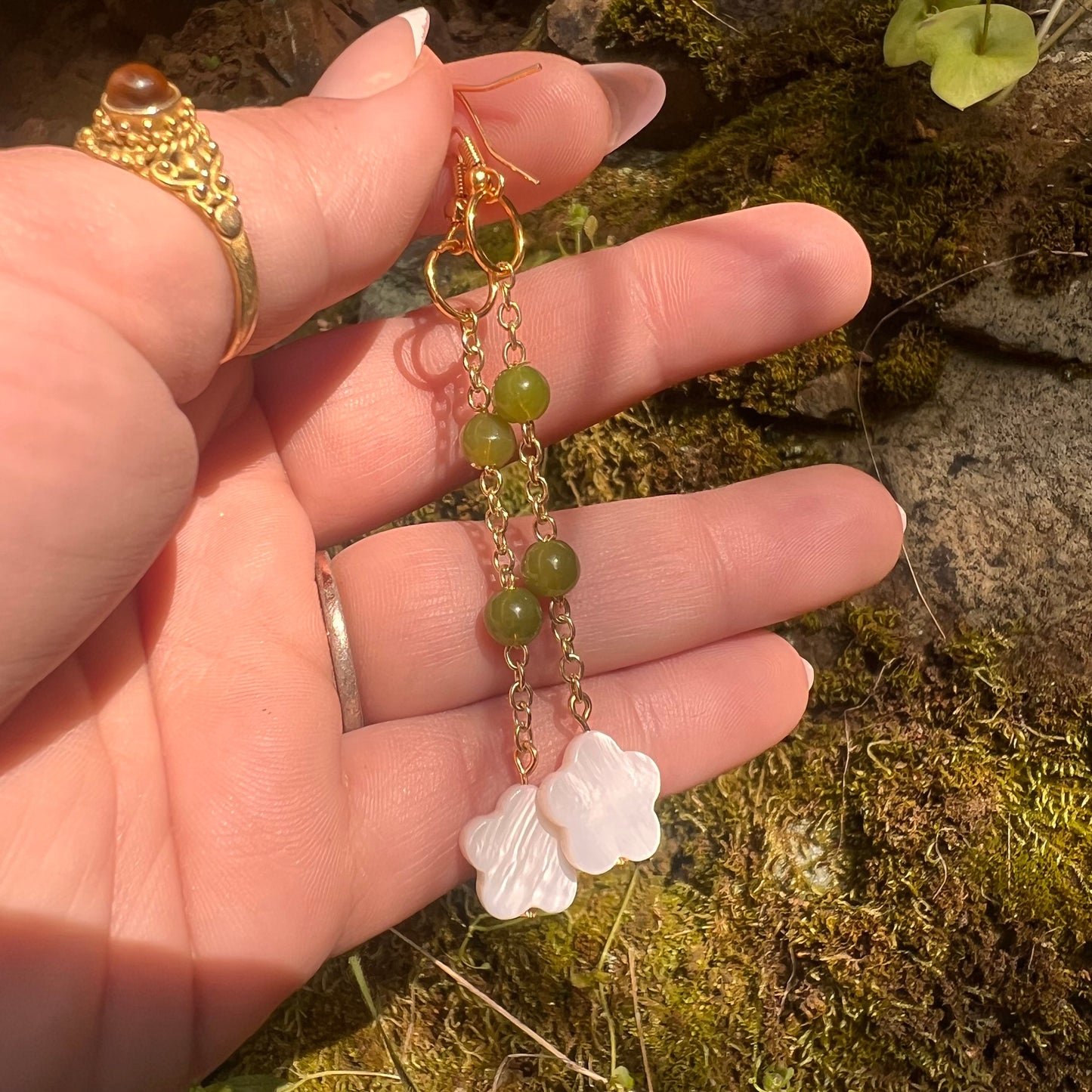 Pearl Flower Drop Earrings – Gold-Plated and Green Jade Earrings Fairycore Jewelry