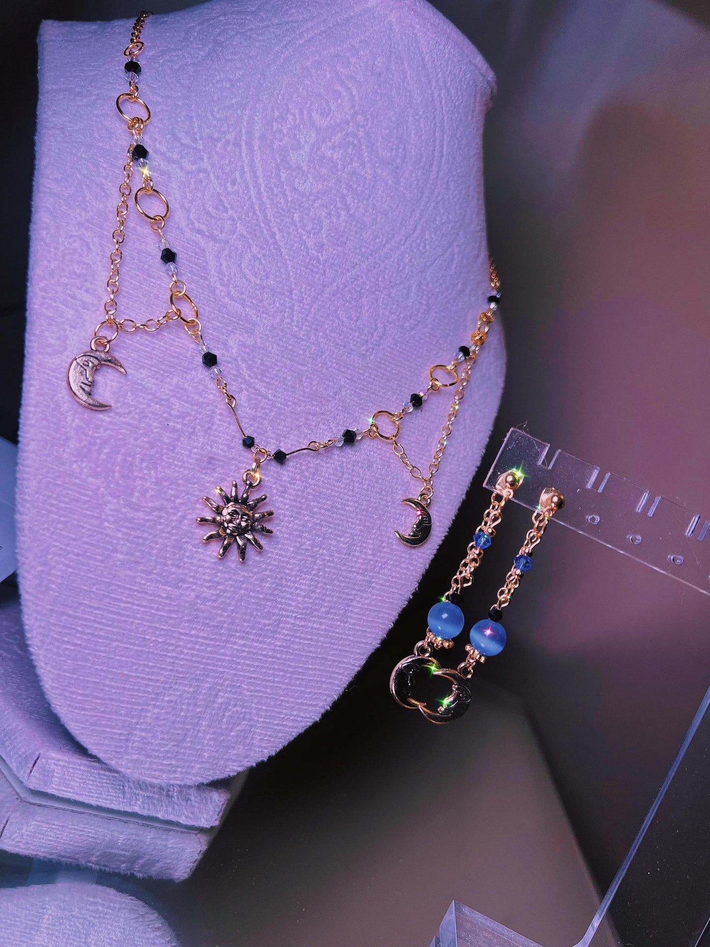 Gold Plated Moon and Sun Necklace and Earrings Set