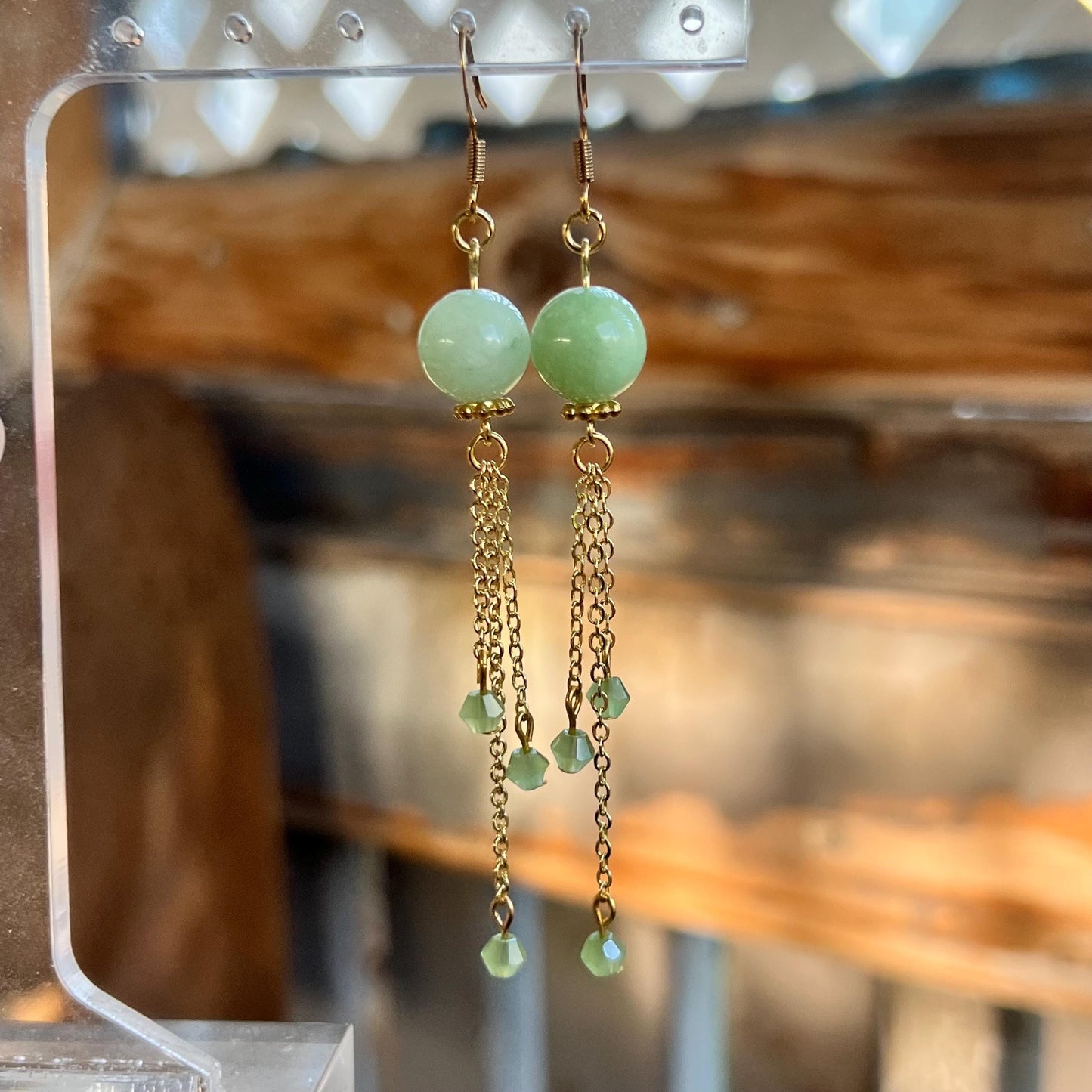 Gold Plated Amazonite Dangle Earrings – Elegant Green Gemstone with Delicate Chain