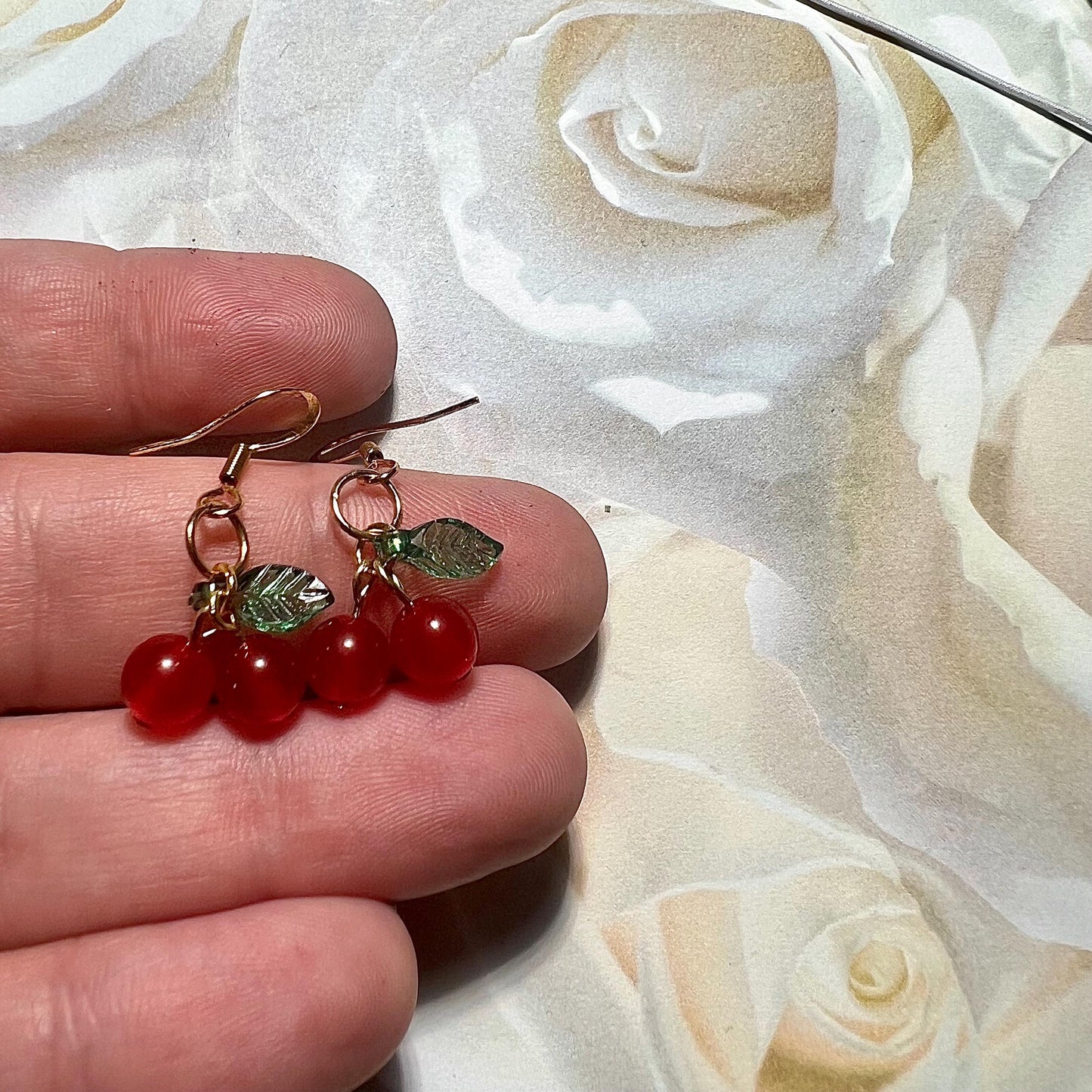 Mini Cherry Earrings – Dainty Fruit Dangle Earrings, Handmade Red Glass Bead Earrings with Green Leaf, Cute & Lightweight Jewelry