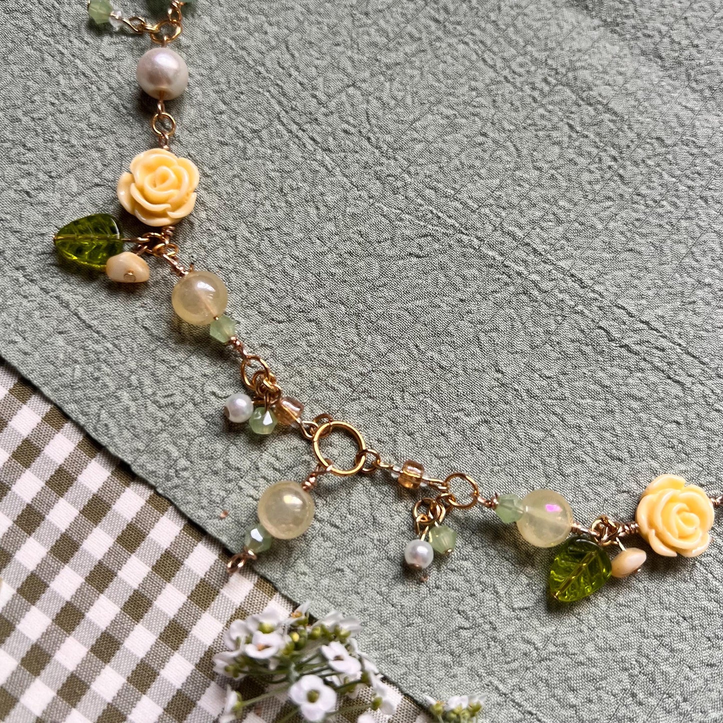 Enchanted Fairy Tinkerbell Necklace with Yellow Roses and Green Leaves