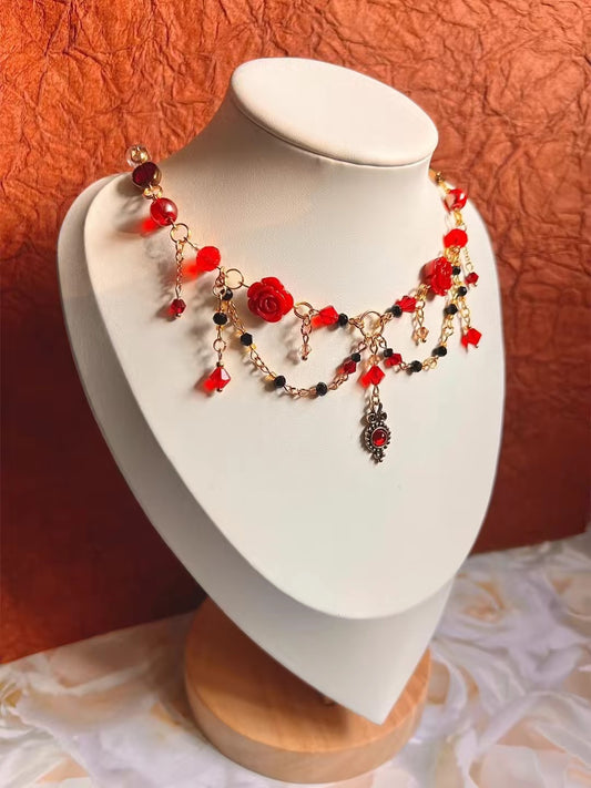 Red Rose Choker Necklace - Fairycore Gothic Jewelry