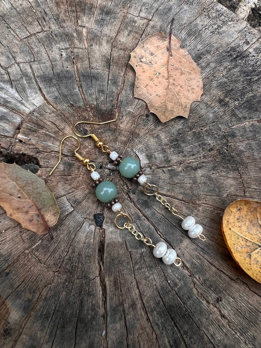 Green Bead And Pearl Drop Earrings