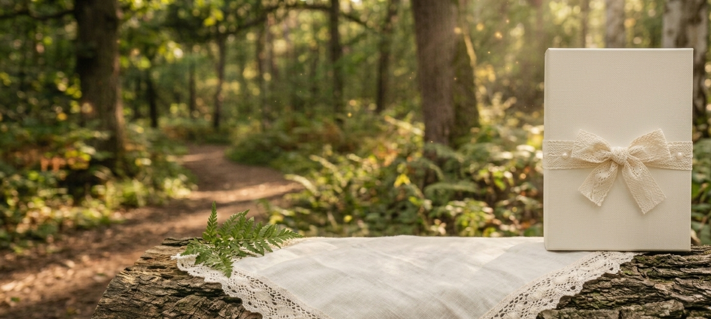 White box with a bow on a wooden surface in a forest setting