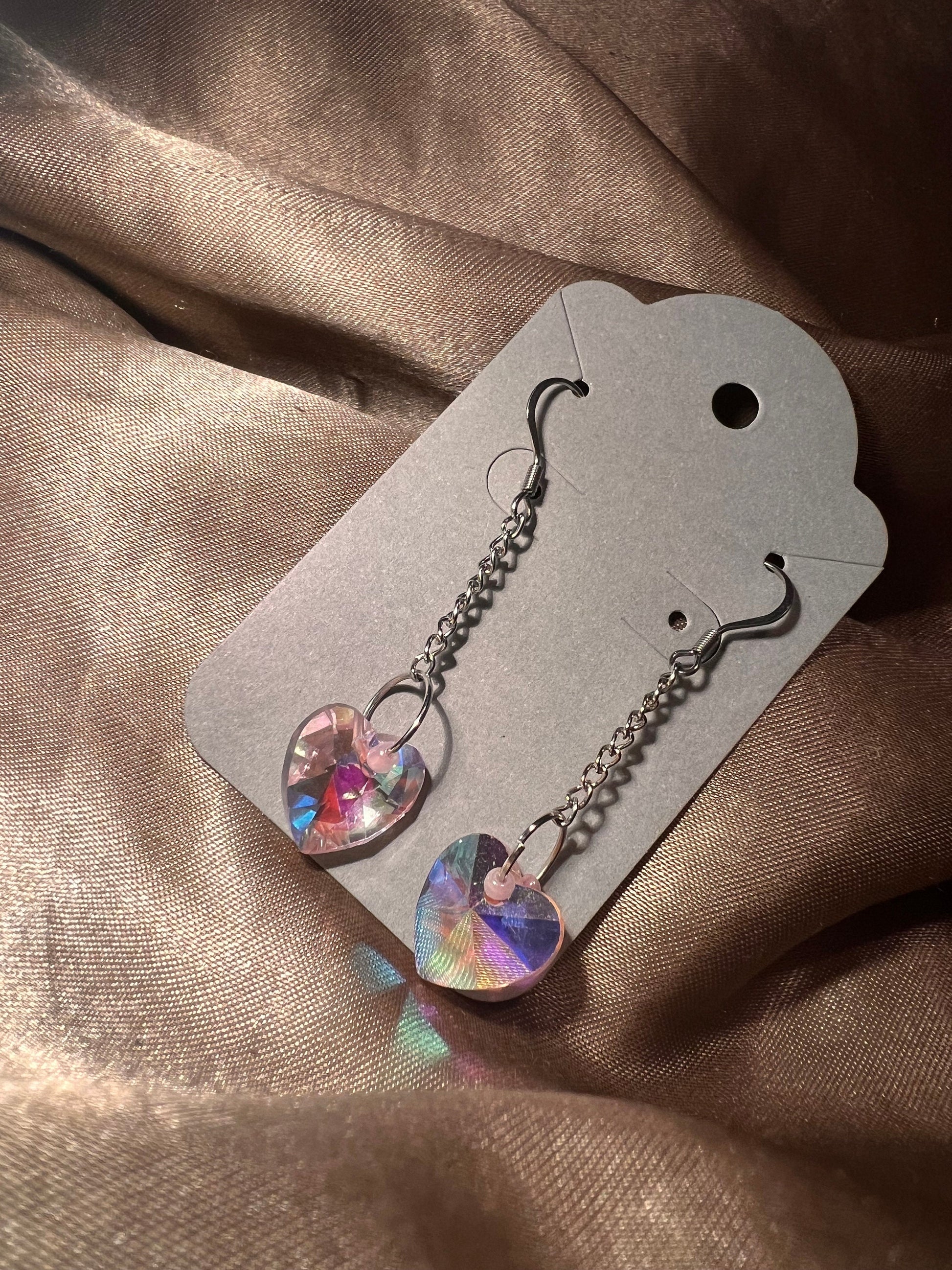 Glass Heart Dangly Earrings, Iridescent, Pink, Sparkly, Faceted