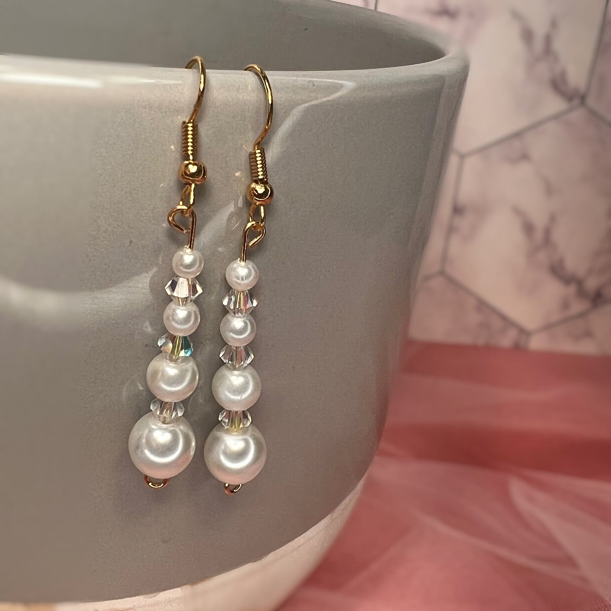 Dangly Elegant Pearl Bead Earrings with Czech Crystal