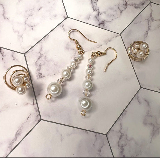 Dangly Elegant Pearl Bead Earrings with Czech Crystal