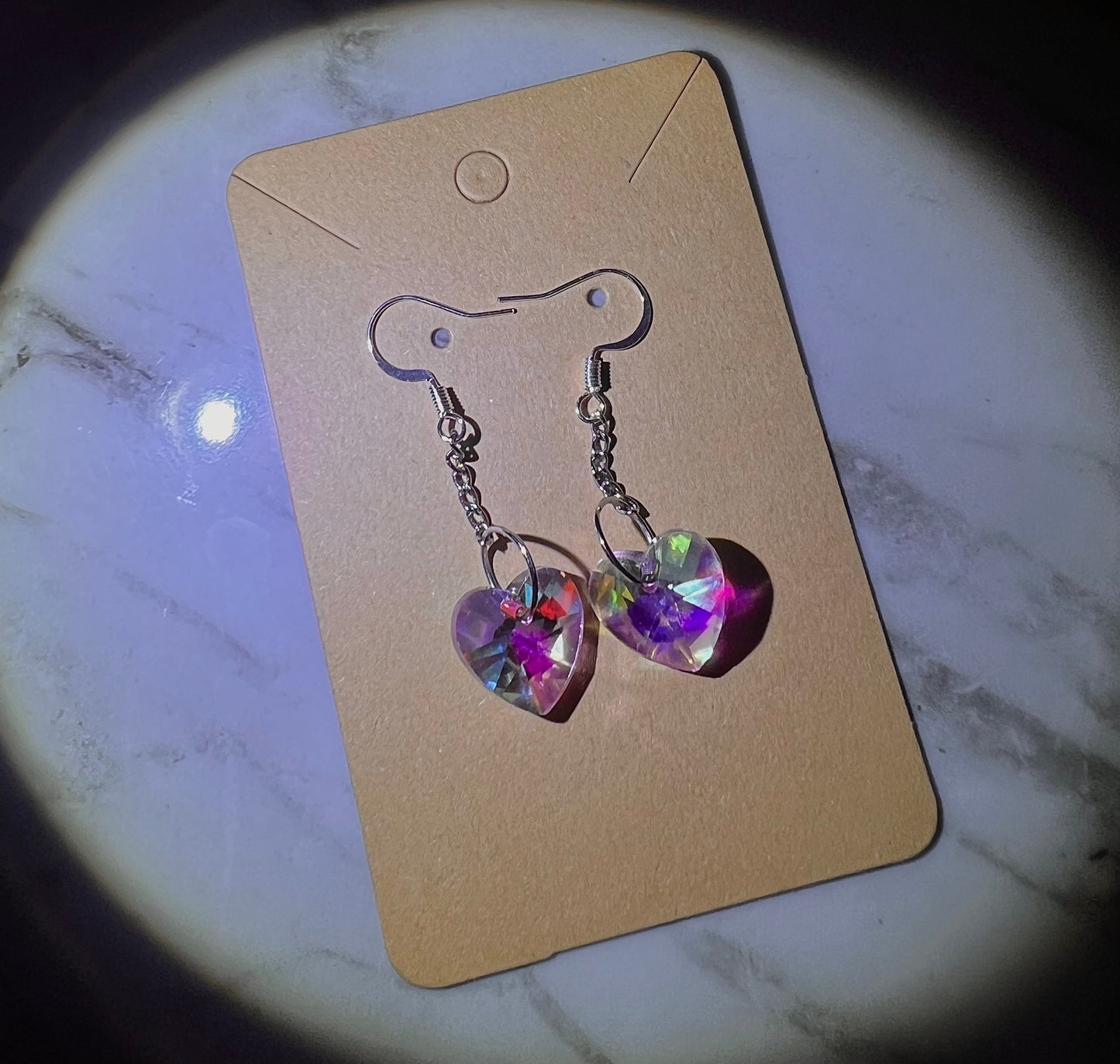 Glass Heart Dangly Earrings, Iridescent, Pink, Sparkly, Faceted