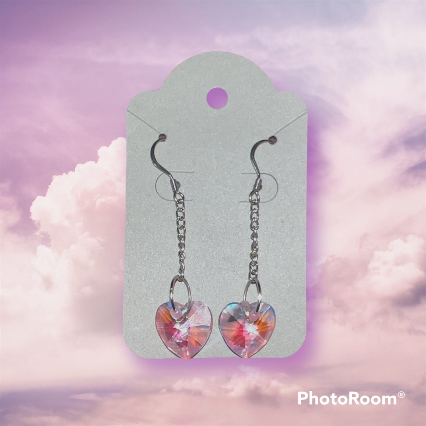 Glass Heart Dangly Earrings, Iridescent, Pink, Sparkly, Faceted