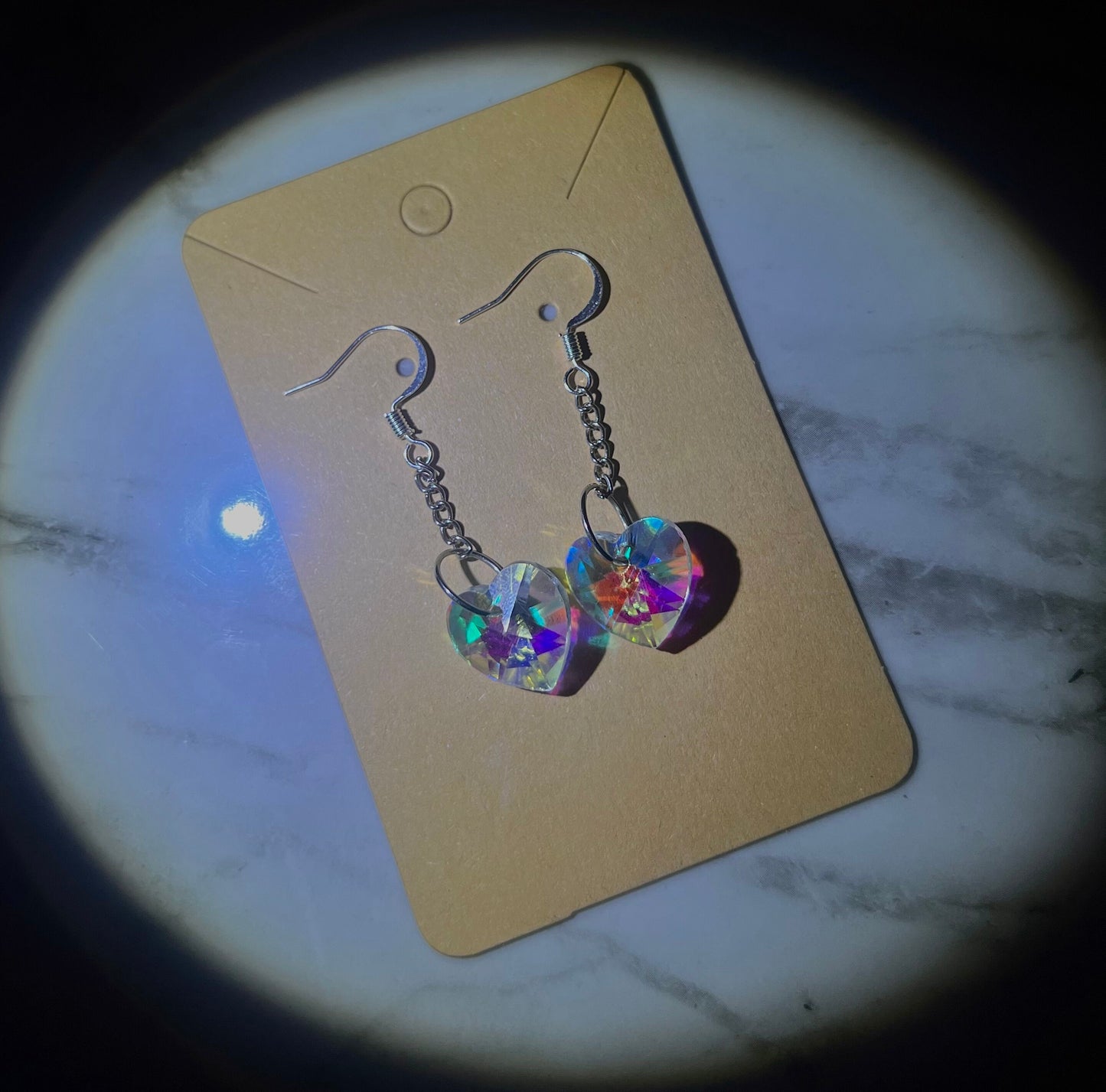 Glass Heart Dangly Earrings, Iridescent, Pink, Sparkly, Faceted