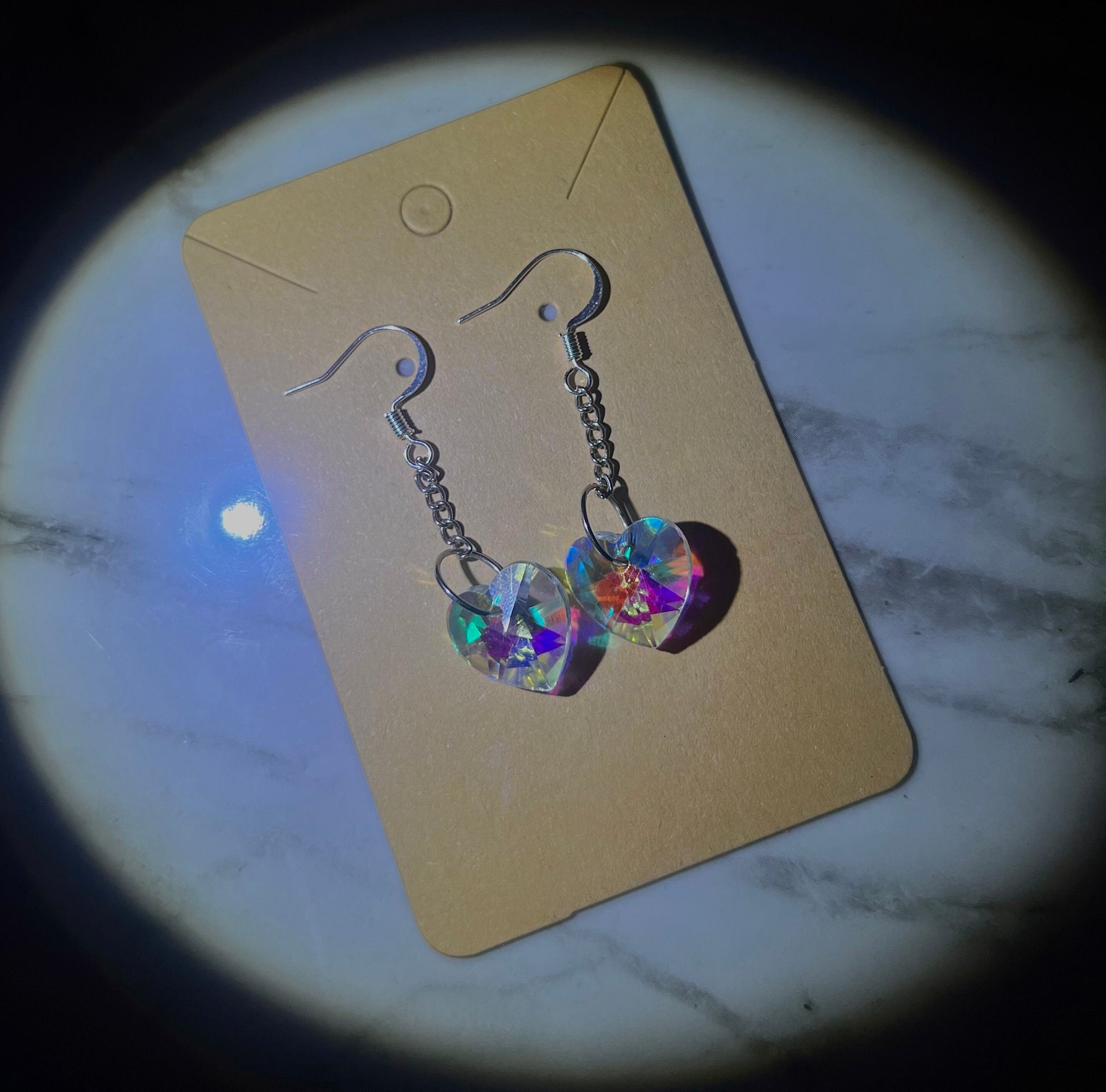 Glass Heart Dangly Earrings, Iridescent, Pink, Sparkly, Faceted