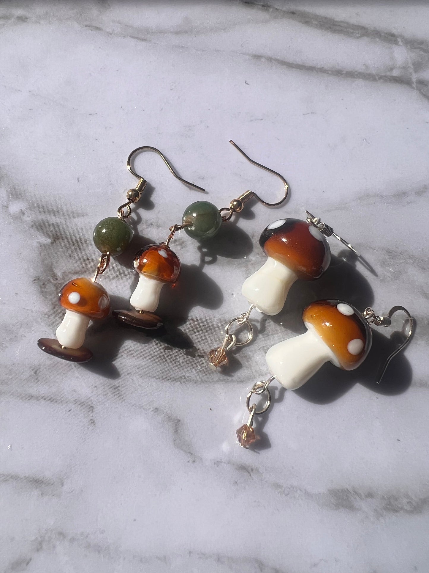 Glass Brown Mushroom and Green Dangly Earrings