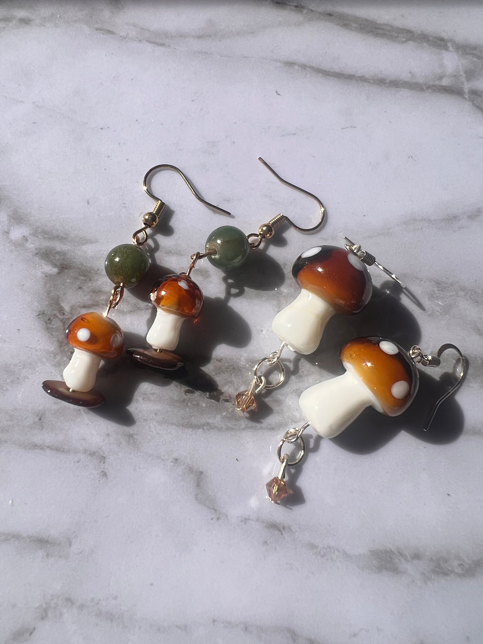 Glass Brown Mushroom and Green Dangly Earrings