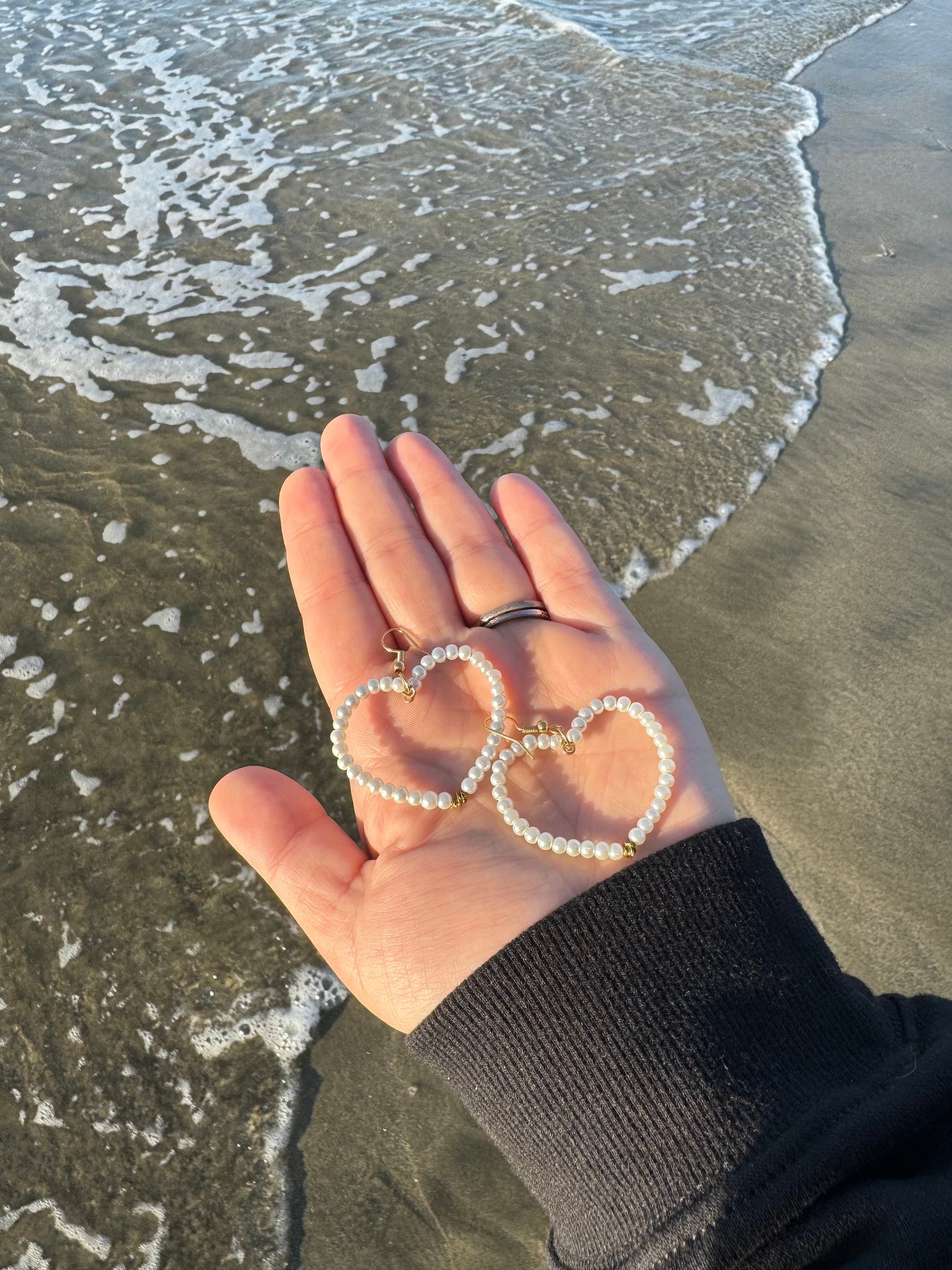 Handmade Pearly Heart-Shaped Wire Hoop Earrings