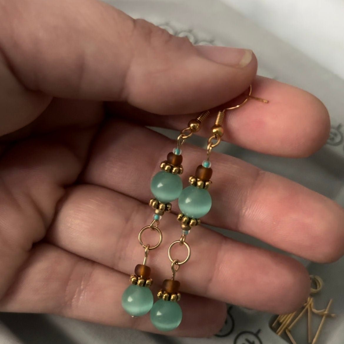 Dangly Cat-Eye Glass Beaded Earrings: blue/pink/green