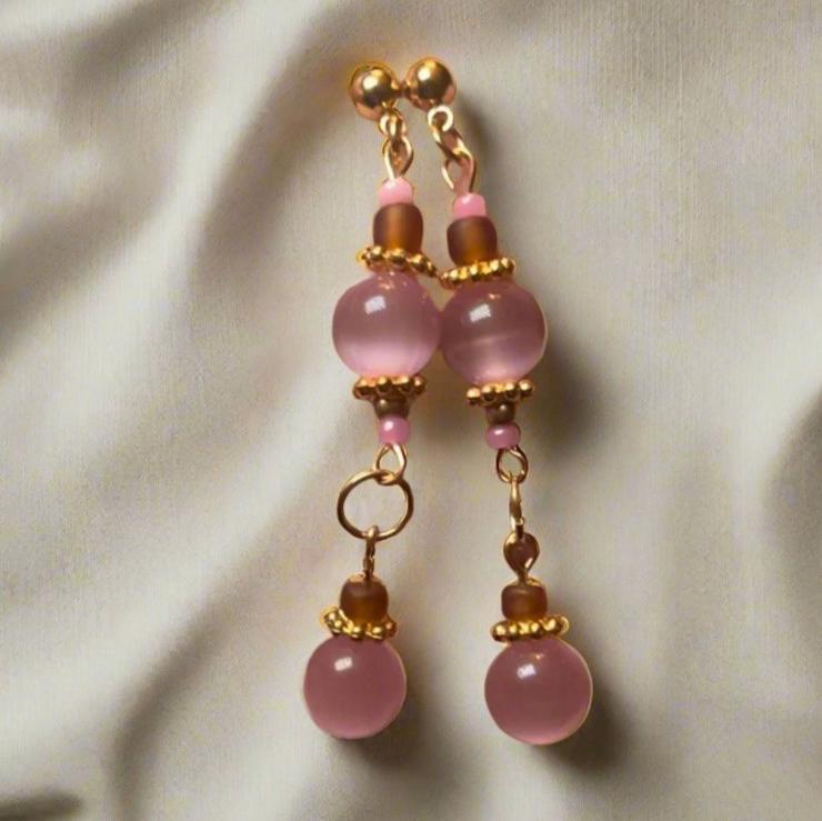 Dangly Cat-Eye Glass Beaded Earrings: blue/pink/green