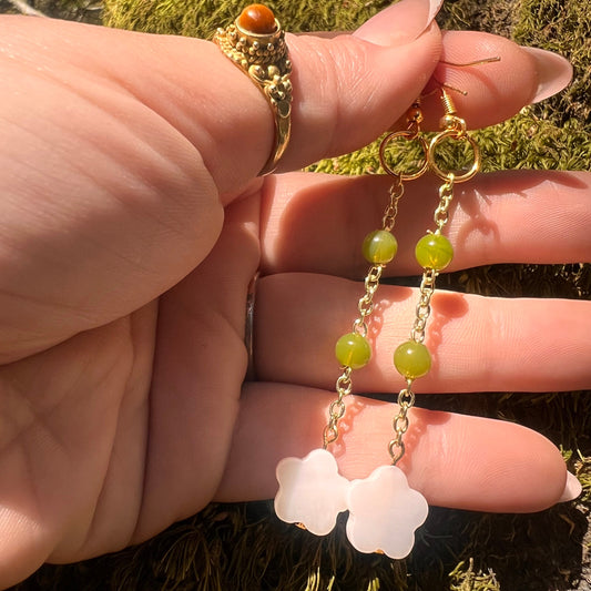 Green Jade and White Flower Cutout Shell Earrings