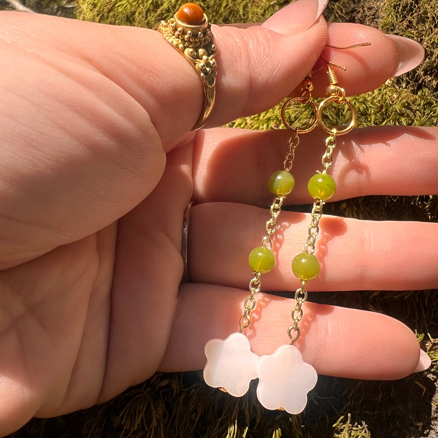 Pearl Flower Drop Earrings – Gold-Plated and Green Jade Earrings Fairycore Jewelry