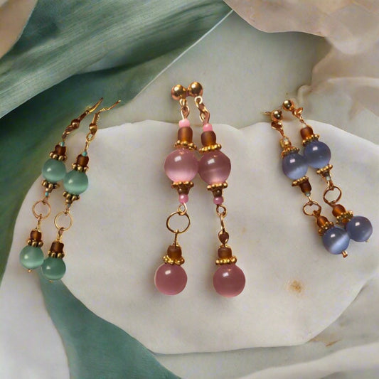 Dangly Cat-Eye Glass Beaded Earrings: blue/pink/green