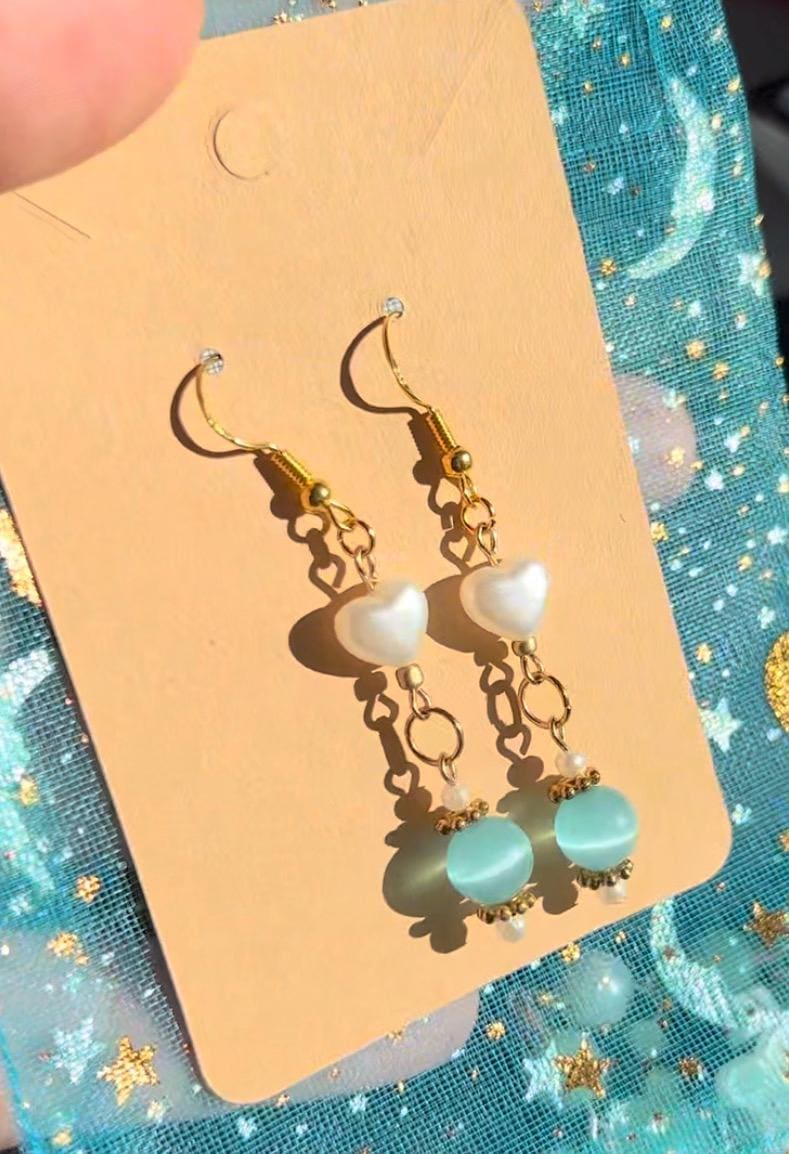 Gold Dangle Earrings with Pearl Hearts and Cat Eye Beads