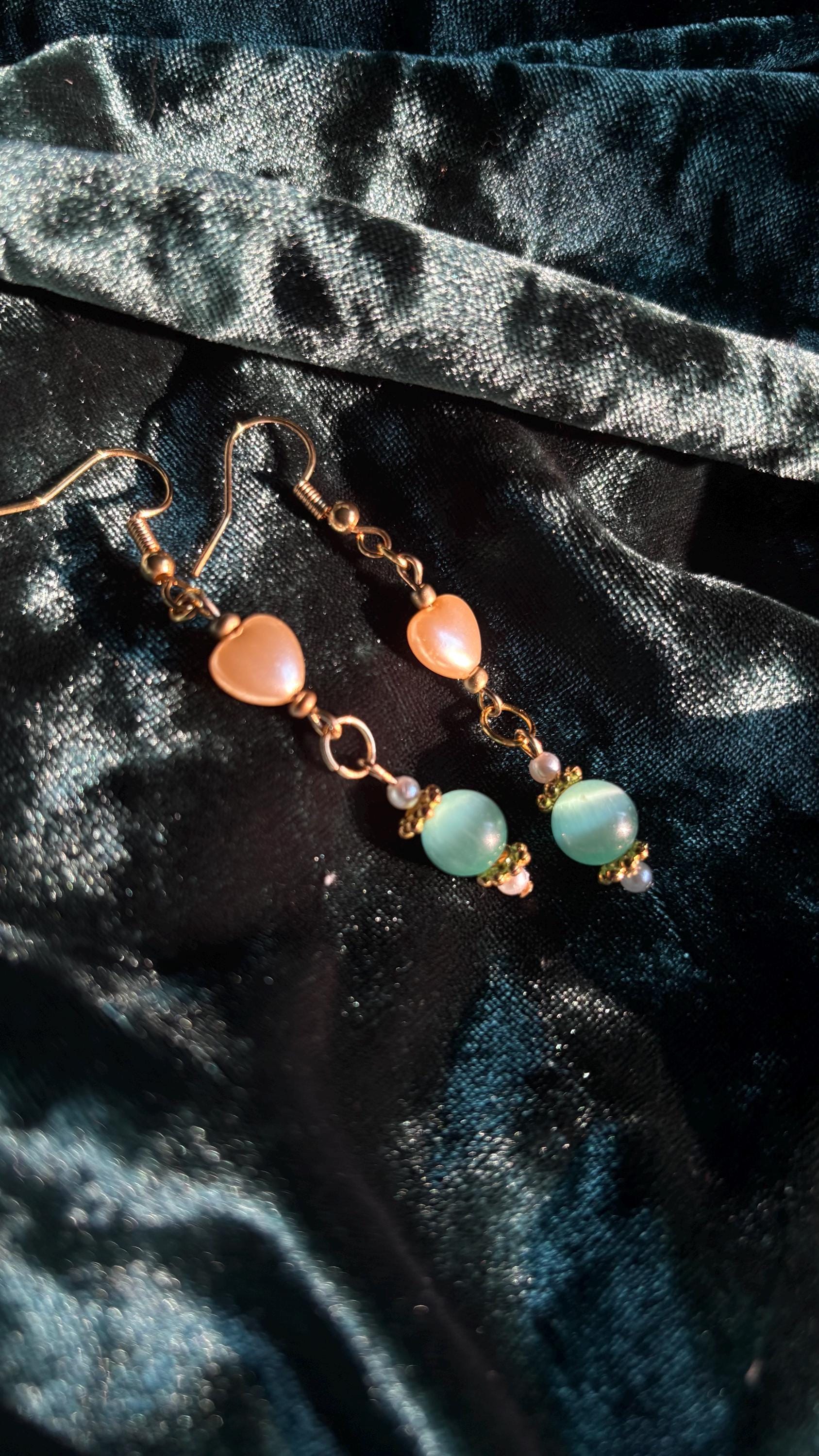 Gold Dangle Earrings with Pearl Hearts and Cat Eye Beads