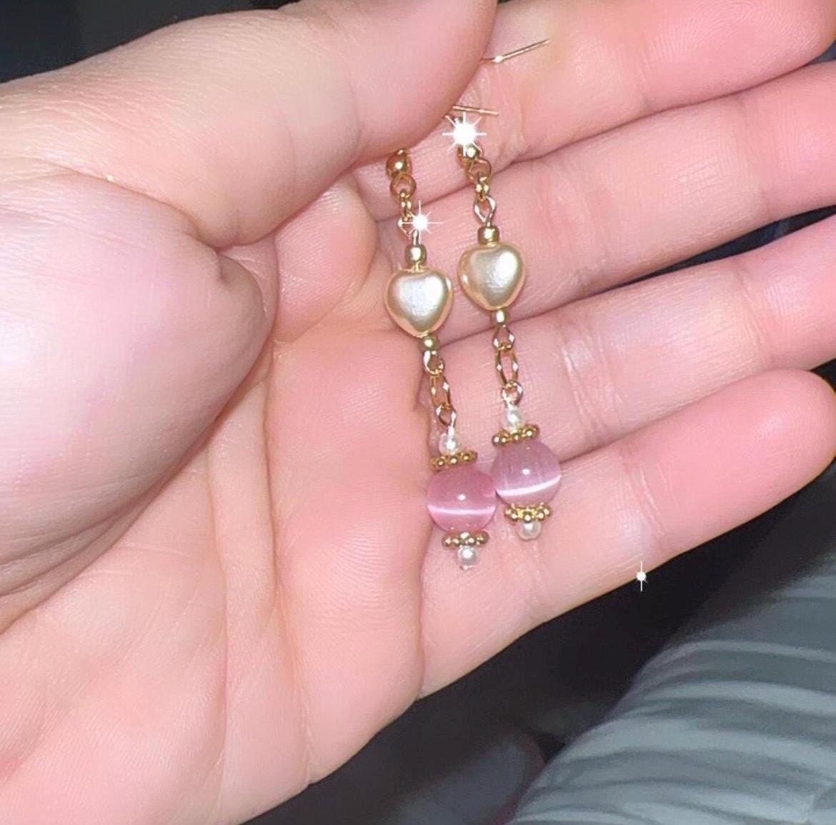 Gold Dangle Earrings with Pearl Hearts and Cat Eye Beads