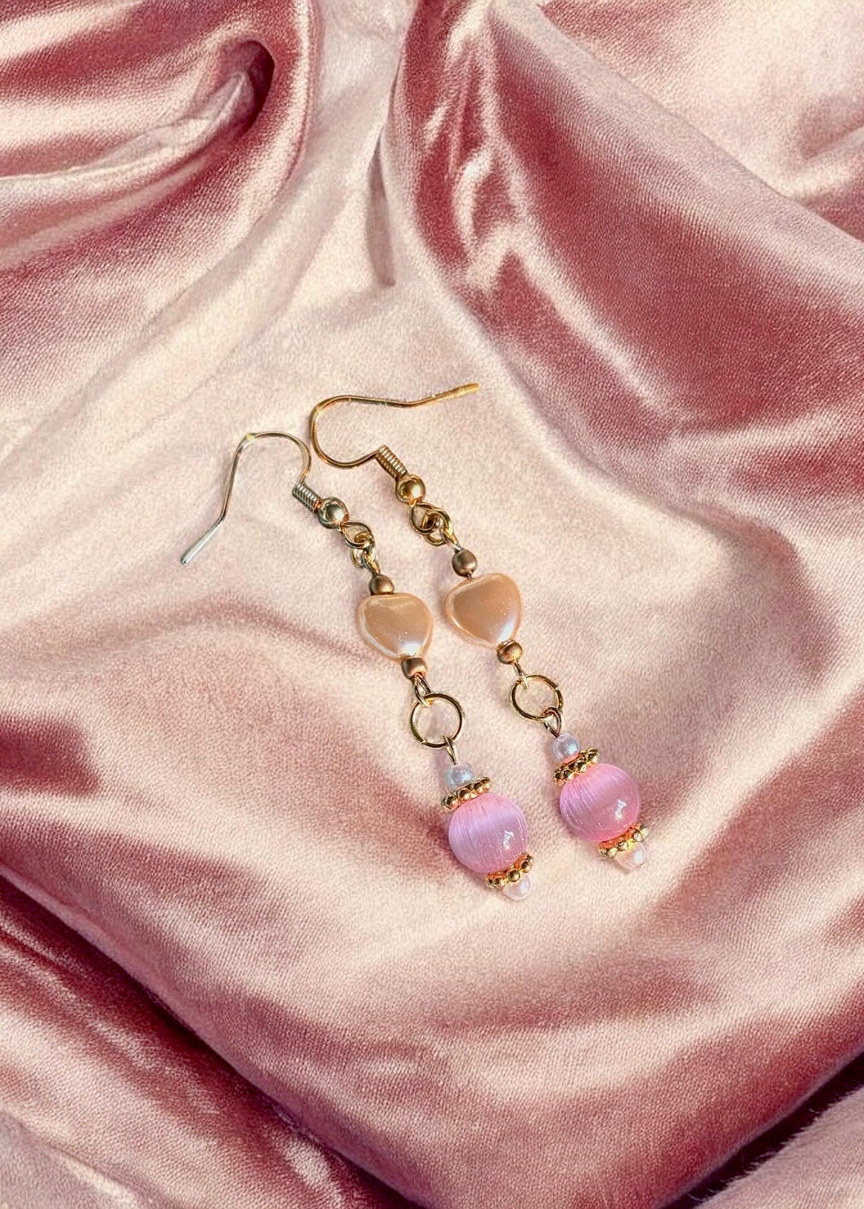 Gold Dangle Earrings with Pearl Hearts and Cat Eye Beads