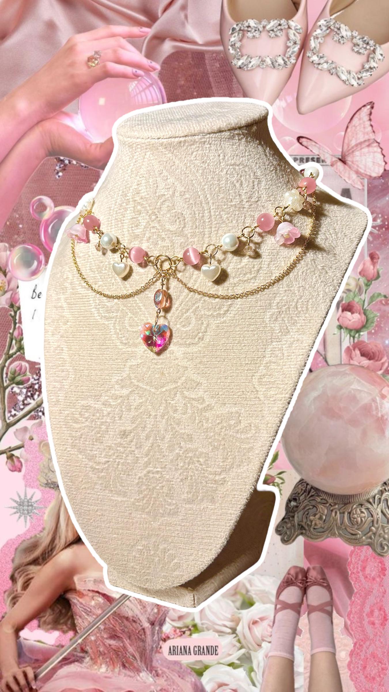 Glinda-Inspired Gold-Plated Pink & Pearl Heart Charm Necklace with Extension