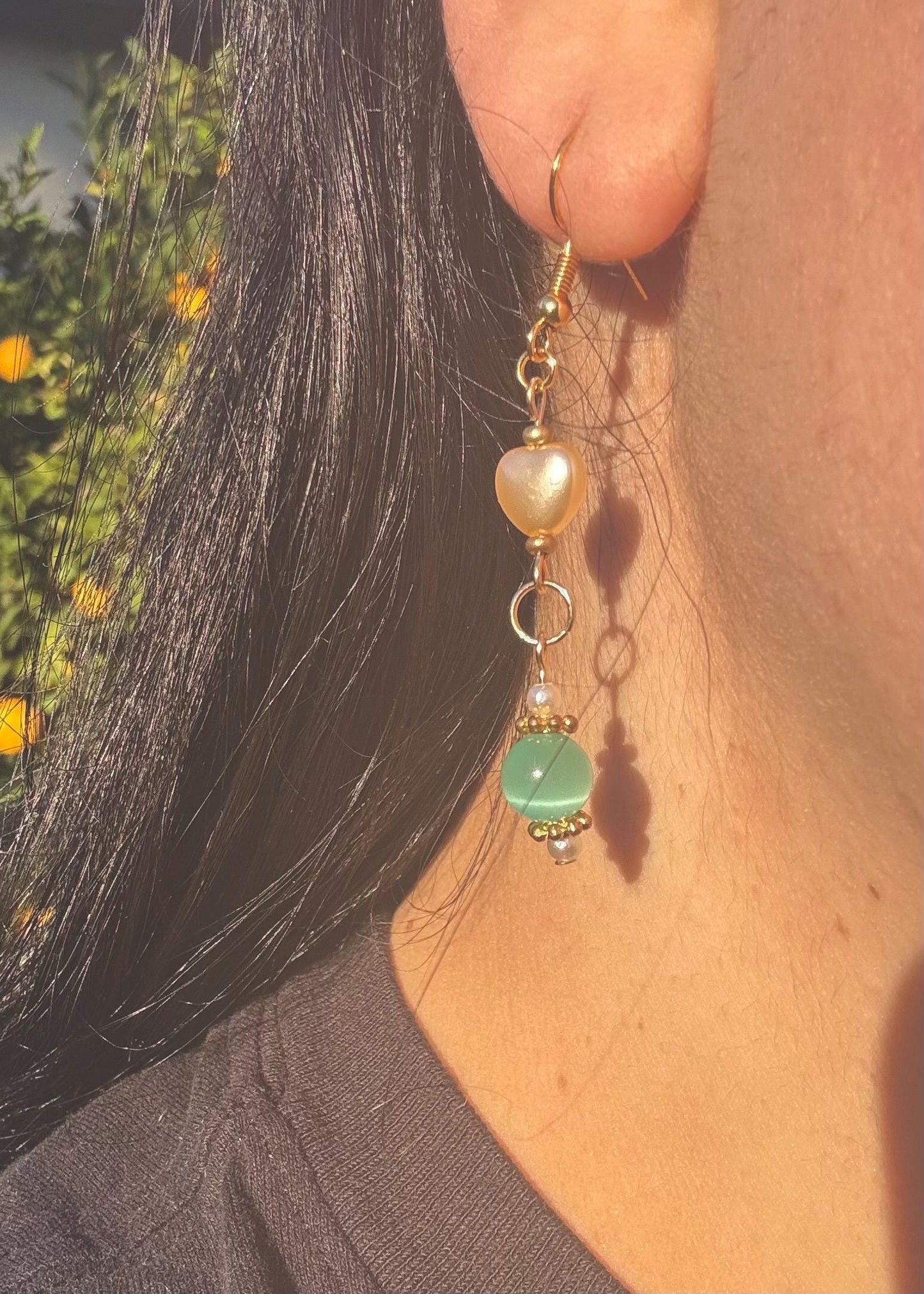 Gold Dangle Earrings with Pearl Hearts and Cat Eye Beads