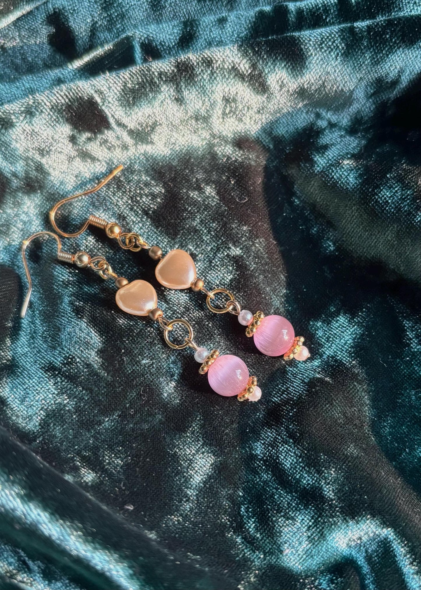 Gold Dangle Earrings with Pearl Hearts and Cat Eye Beads