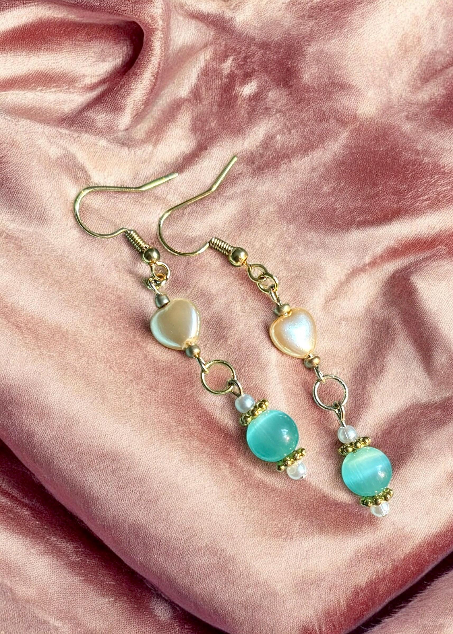 Gold Dangle Earrings with Pearl Hearts and Cat Eye Beads