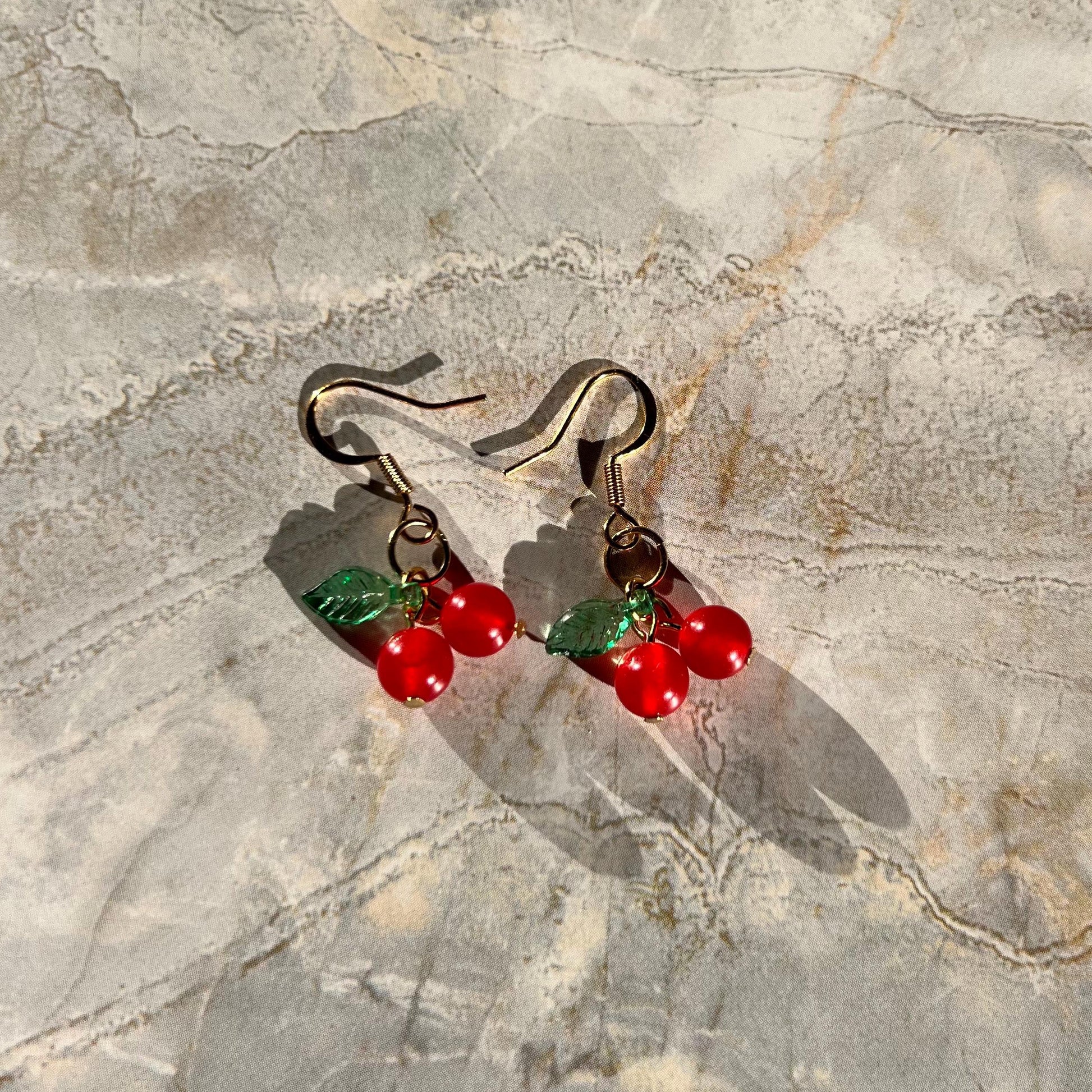 Mini Cherry Earrings – Dainty Fruit Dangle Earrings, Handmade Red Glass Bead Earrings with Green Leaf, Cute & Lightweight Jewelry