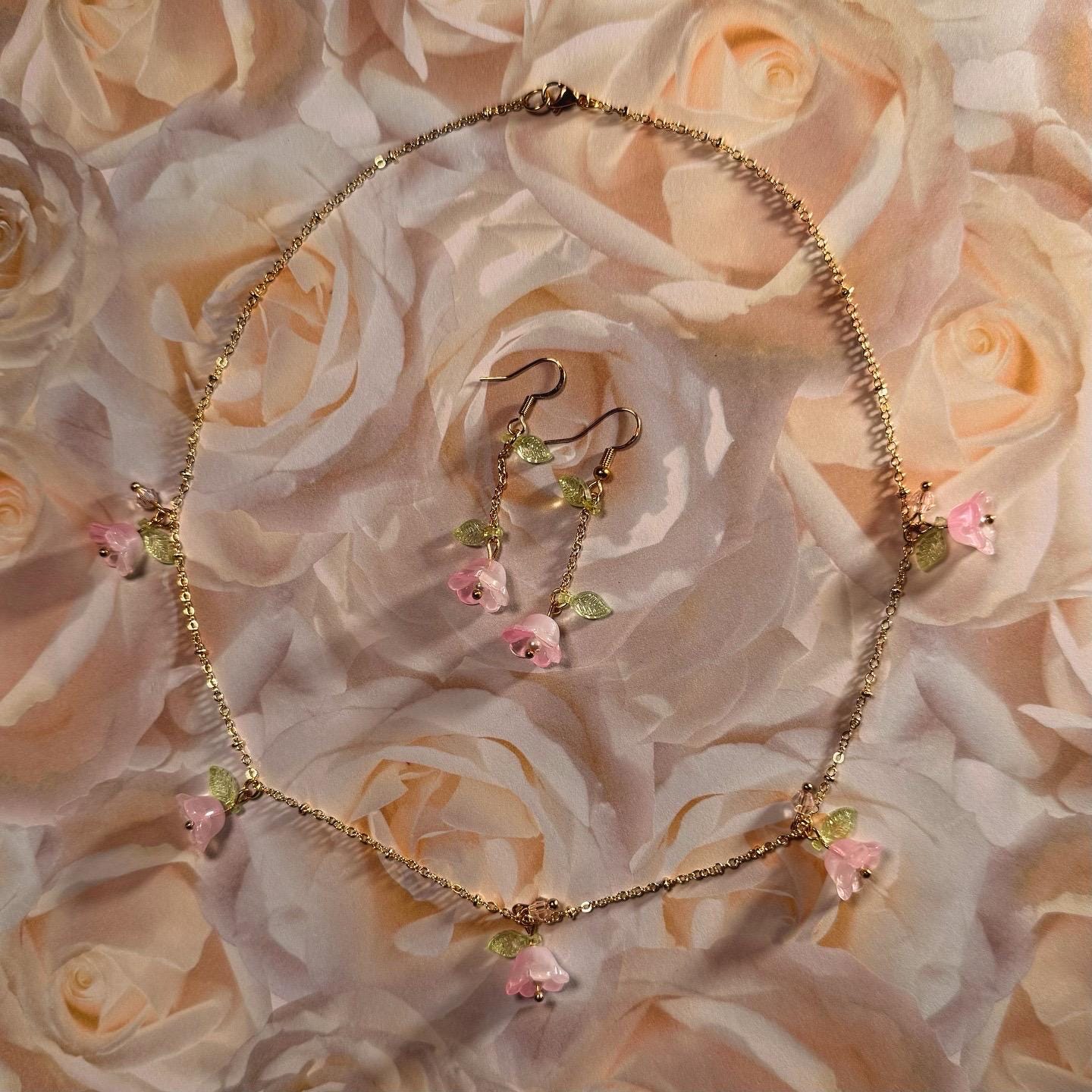 Floral Necklace and Earrings Set – Gold-Plated Jewelry with Delicate Purple or Pink Flowers