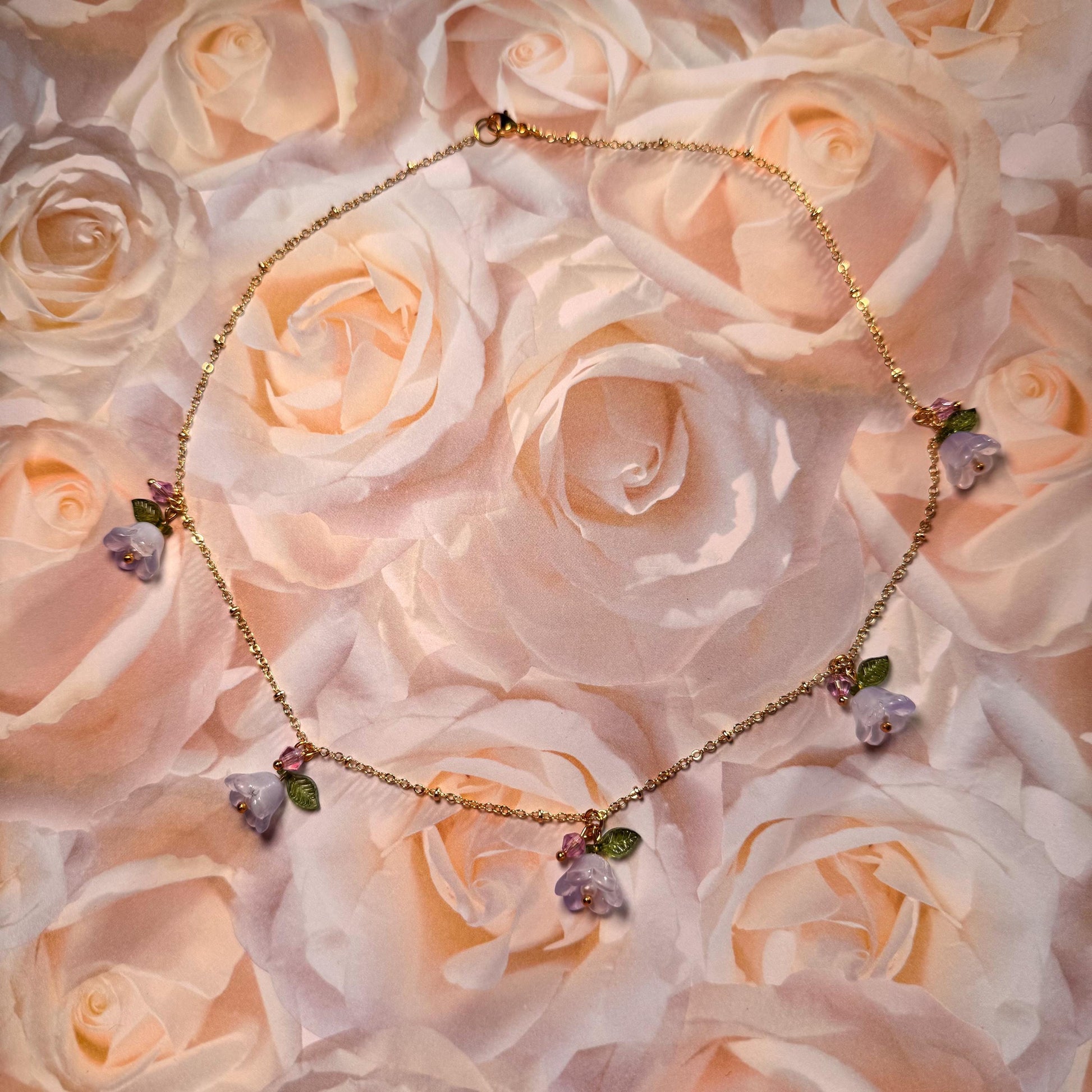 Floral Necklace and Earrings Set – Gold-Plated Jewelry with Delicate Purple or Pink Flowers