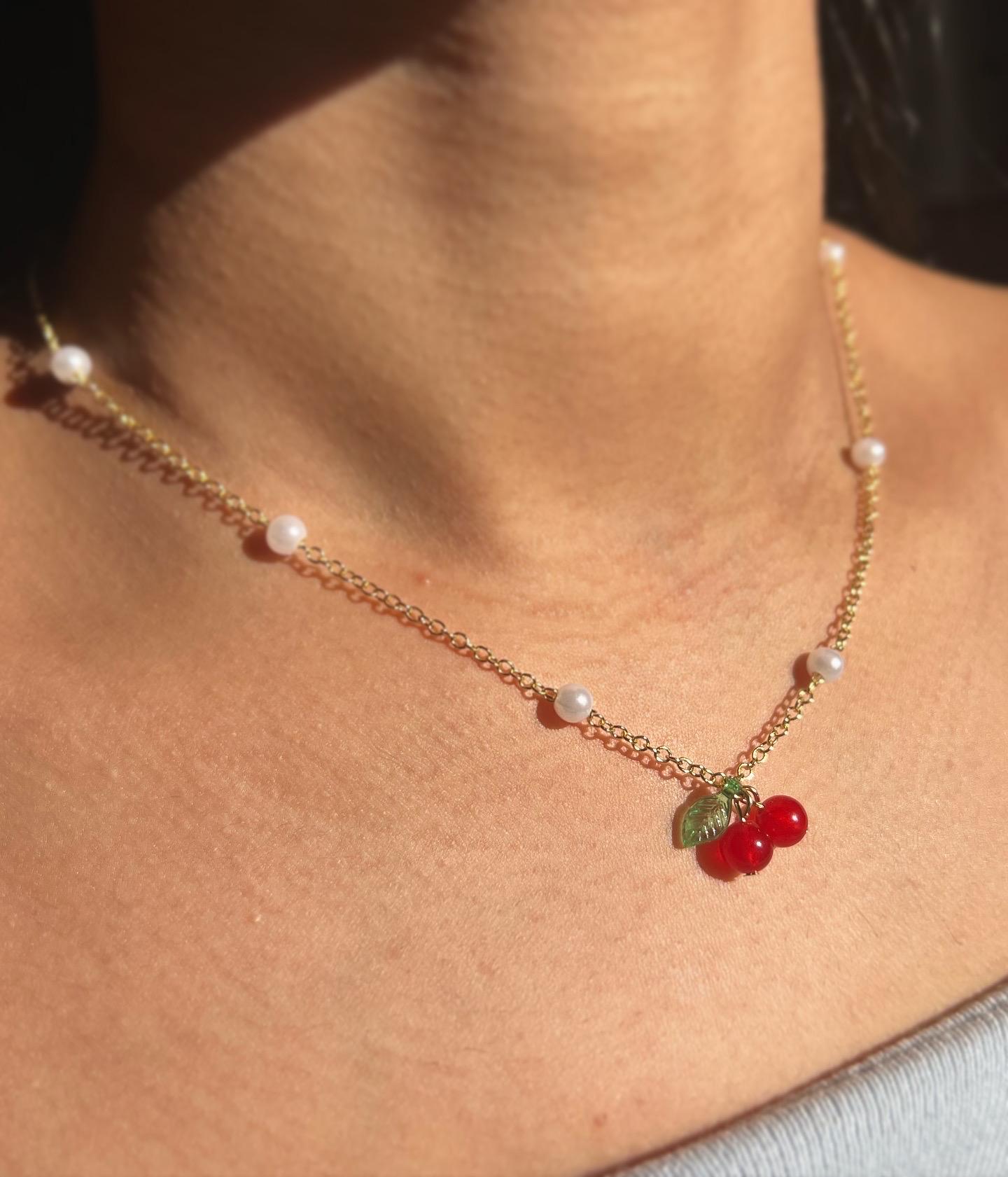 Cherry Necklace – Handmade Gold-Plated Necklace with Pearls And Cherry Charm