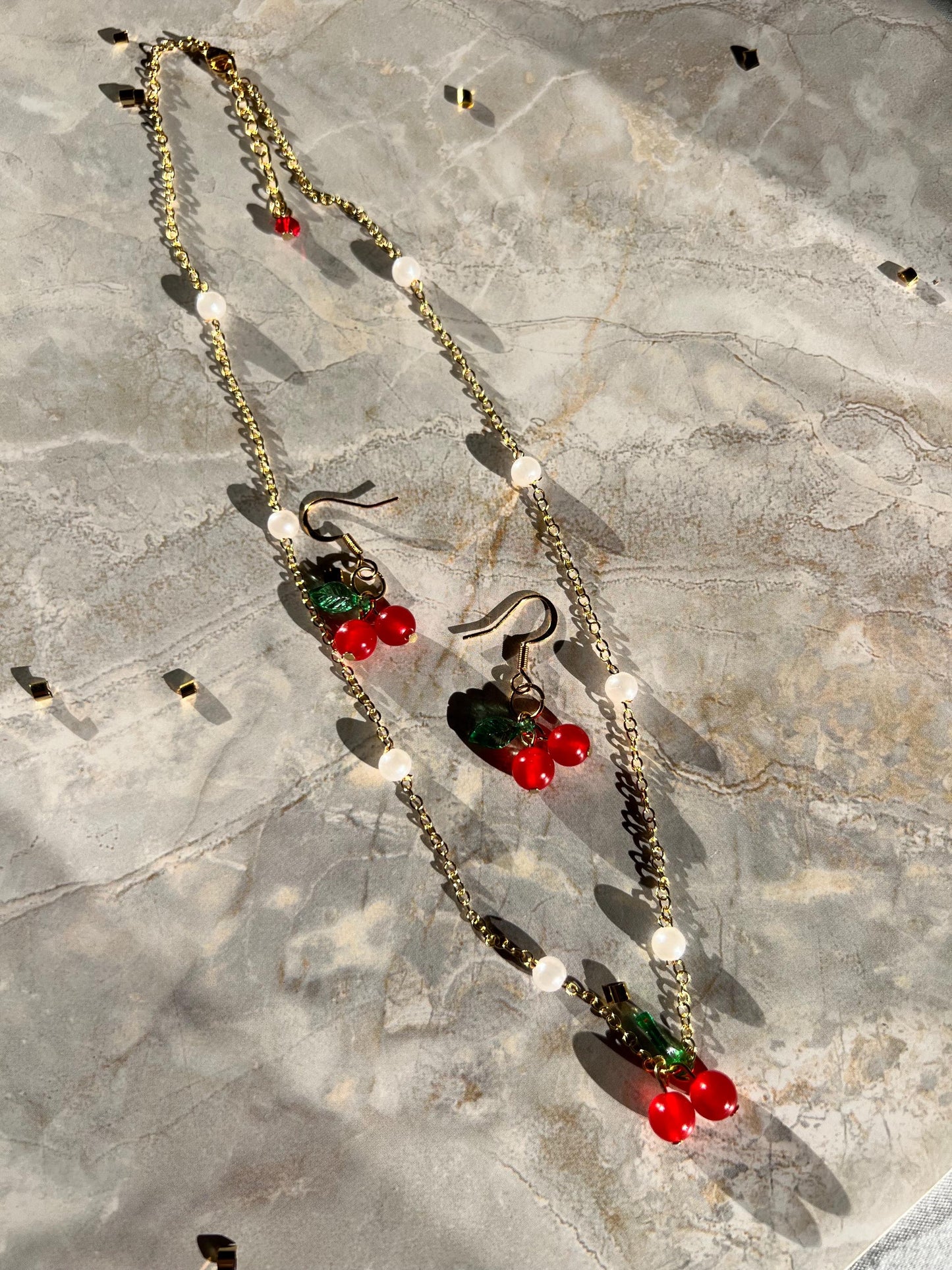 Mini Cherry Earrings – Dainty Fruit Dangle Earrings, Handmade Red Glass Bead Earrings with Green Leaf, Cute & Lightweight Jewelry