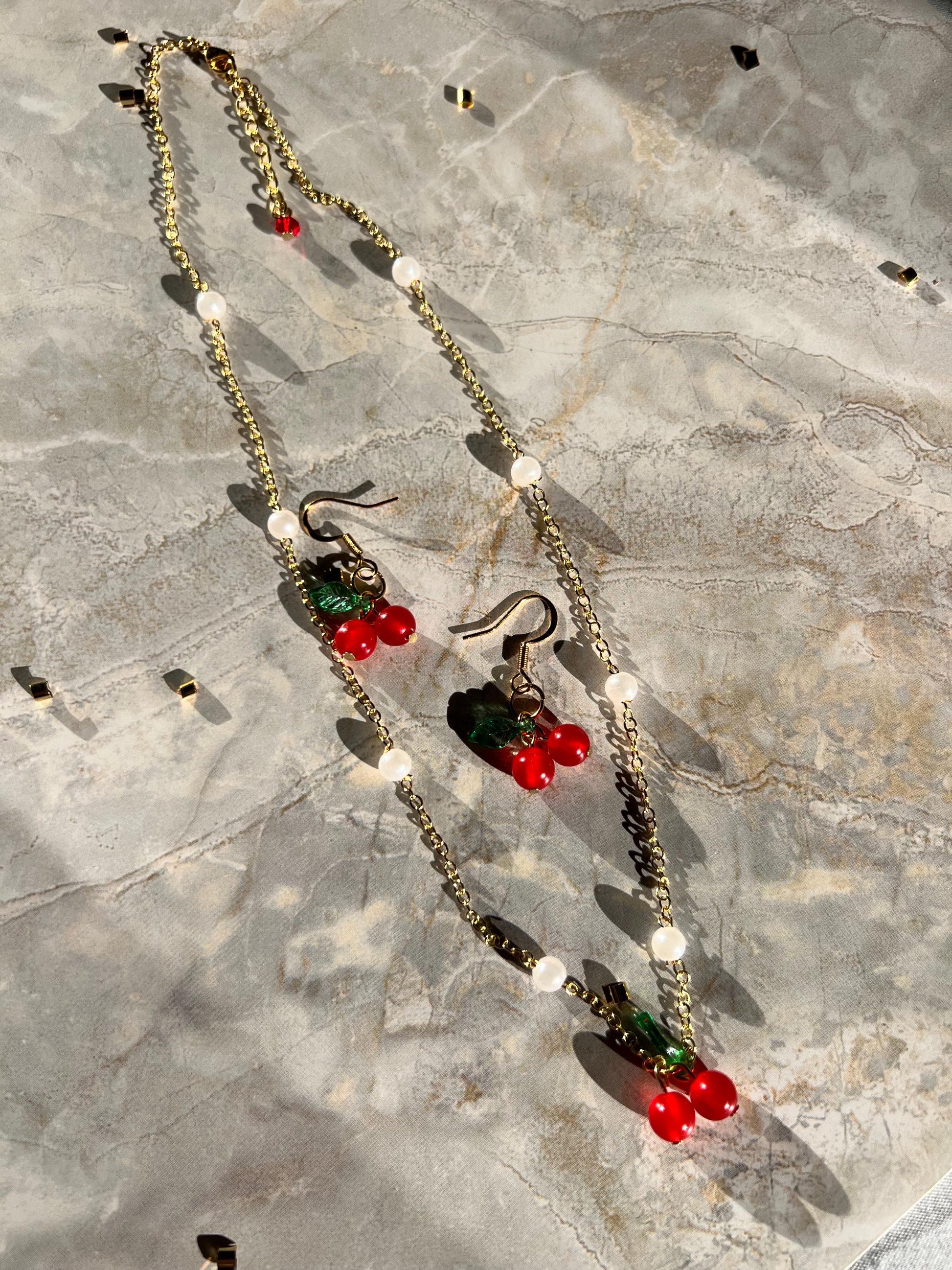 Mini Cherry Earrings – Dainty Fruit Dangle Earrings, Handmade Red Glass Bead Earrings with Green Leaf, Cute & Lightweight Jewelry