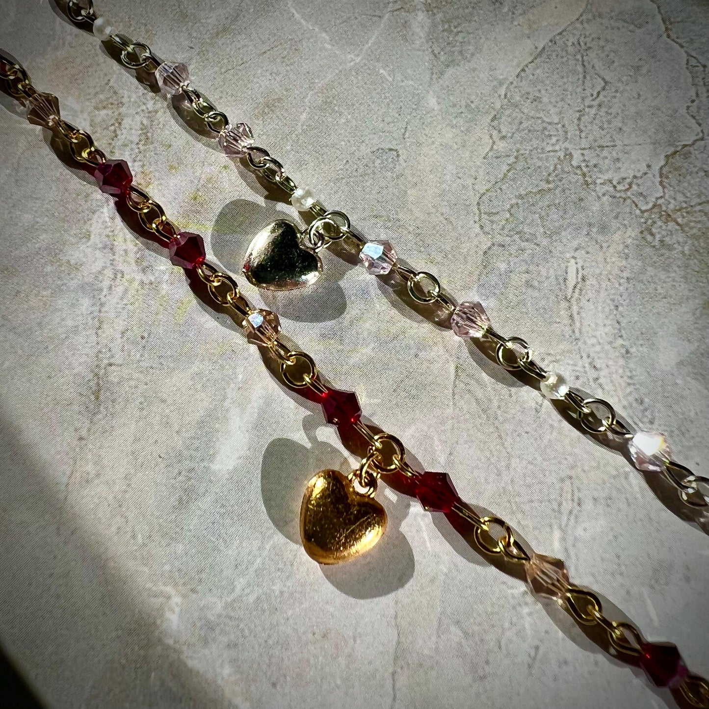Gold Heart Charm Bracelet – Handmade Valentine’s Day Jewelry, Romantic Red & Champagne Crystal Beaded Chain, Adjustable Gift for Her