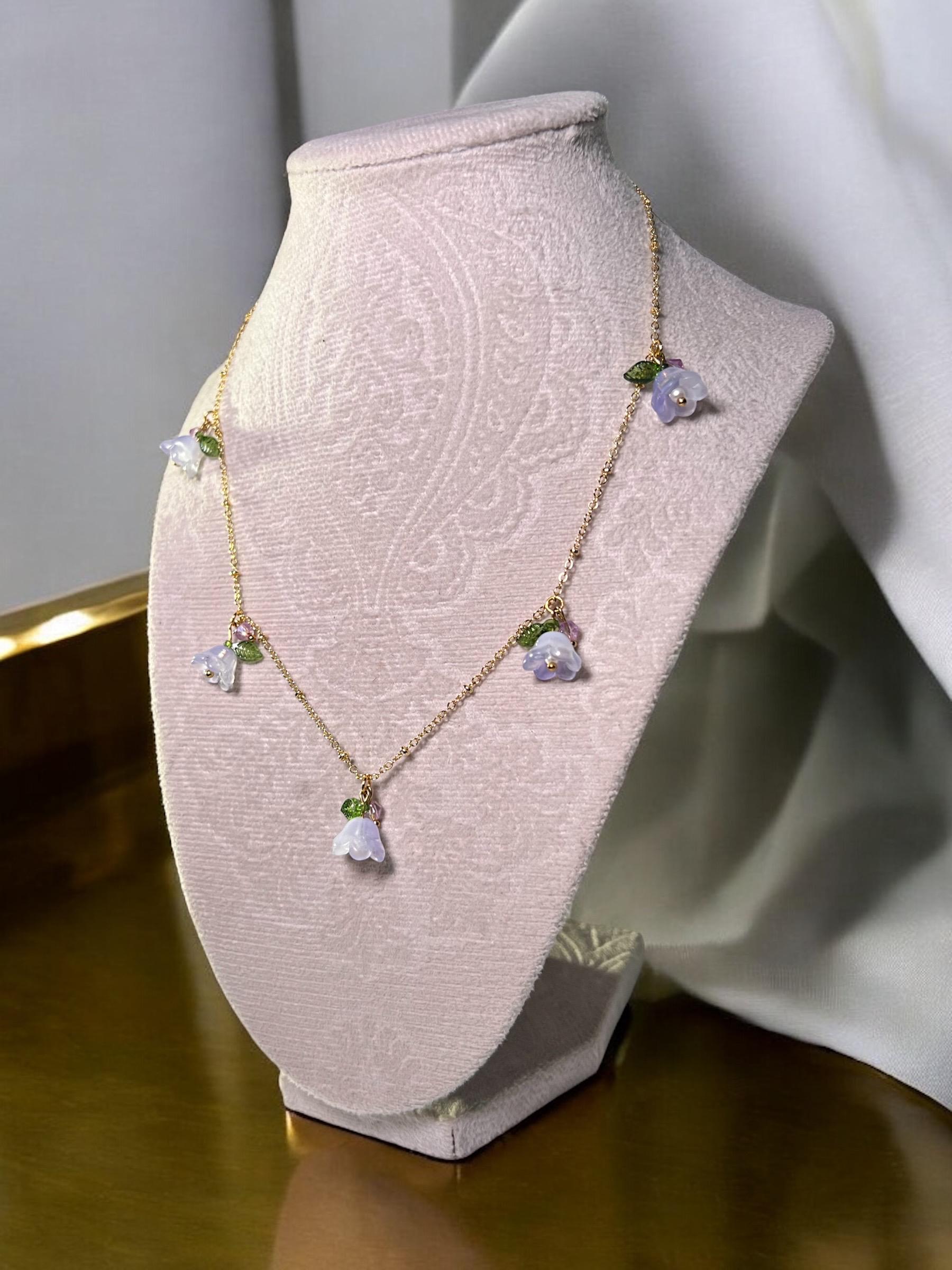 Floral Necklace and Earrings Set – Gold-Plated Jewelry with Delicate Purple or Pink Flowers