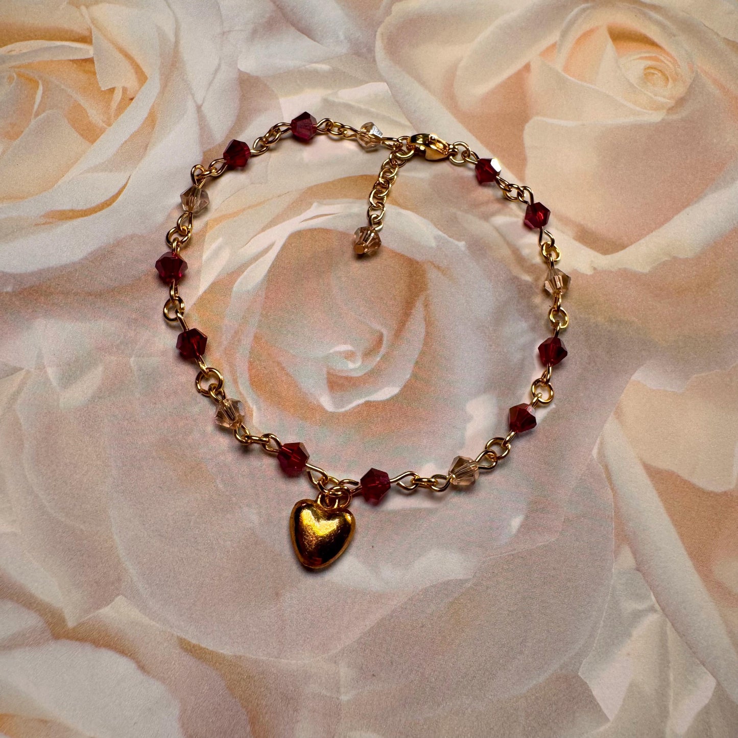 Gold Heart Charm Bracelet – Handmade Valentine’s Day Jewelry, Romantic Red & Champagne Crystal Beaded Chain, Adjustable Gift for Her