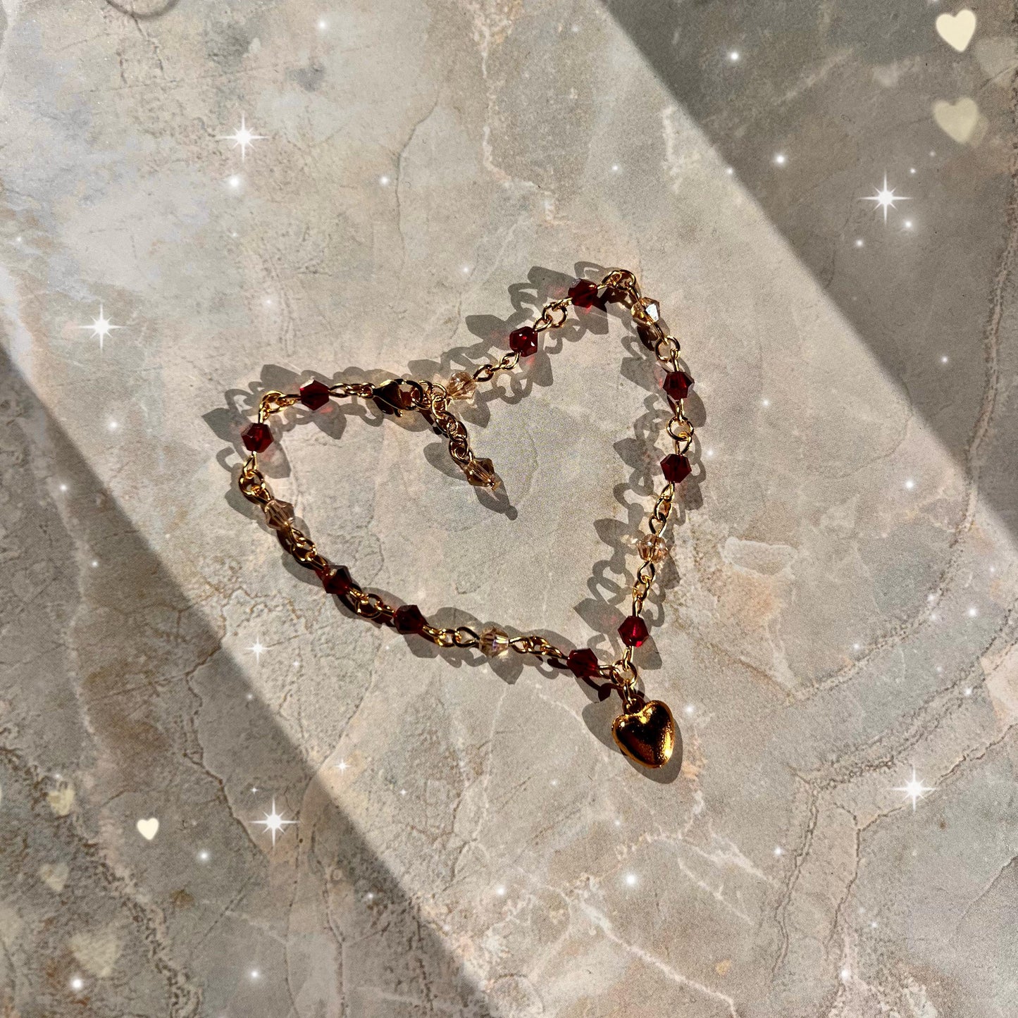 Gold Heart Charm Bracelet – Handmade Valentine’s Day Jewelry, Romantic Red & Champagne Crystal Beaded Chain, Adjustable Gift for Her