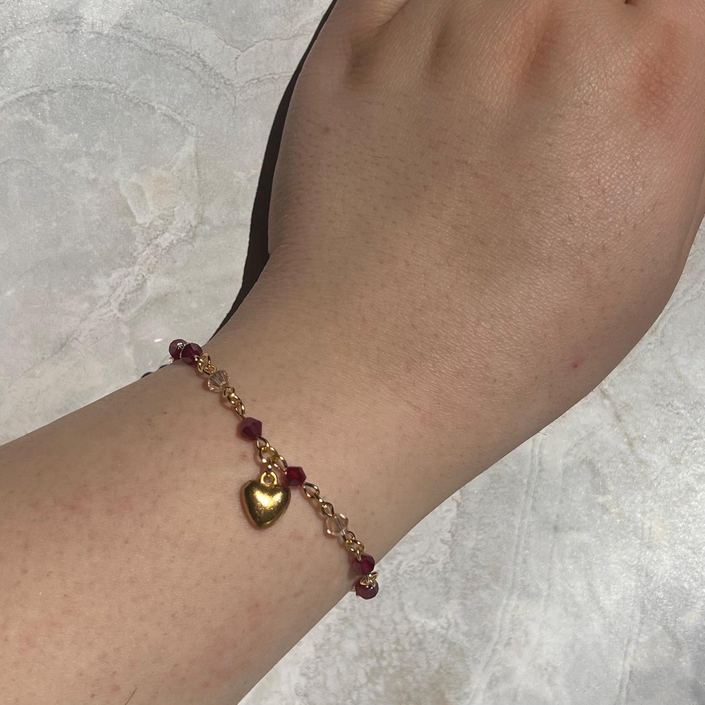 Gold Heart Charm Bracelet – Handmade Valentine’s Day Jewelry, Romantic Red & Champagne Crystal Beaded Chain, Adjustable Gift for Her