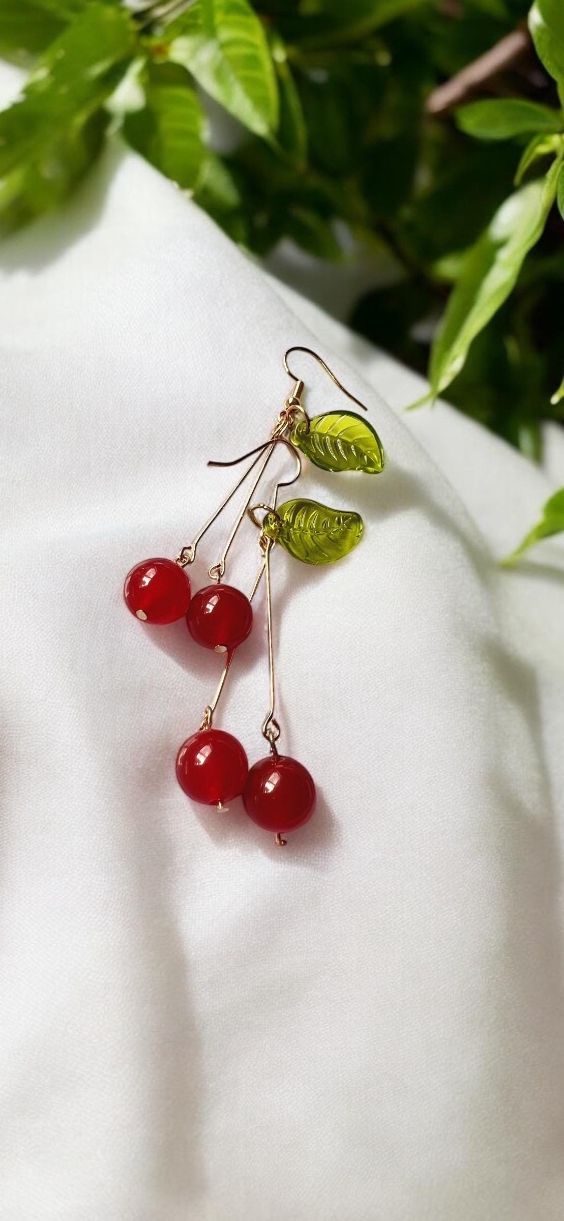 Cherry Drop Earrings – Handmade Fruit Dangle Earrings, Retro Kitsch Jewelry, Red Bead Earrings with Green Leaf, Long Statement Earrings