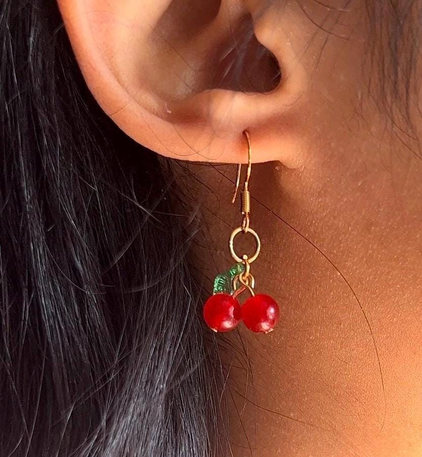 Mini Cherry Earrings – Dainty Fruit Dangle Earrings, Handmade Red Glass Bead Earrings with Green Leaf, Cute & Lightweight Jewelry