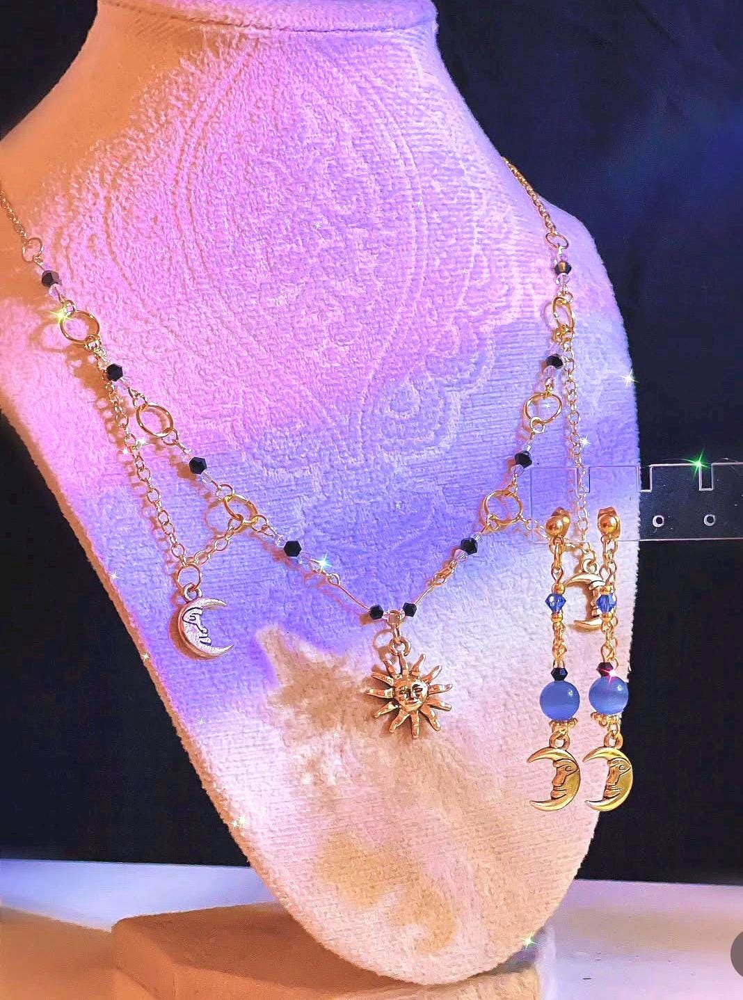 Gold Plated Moon and Sun Necklace and Earrings Set