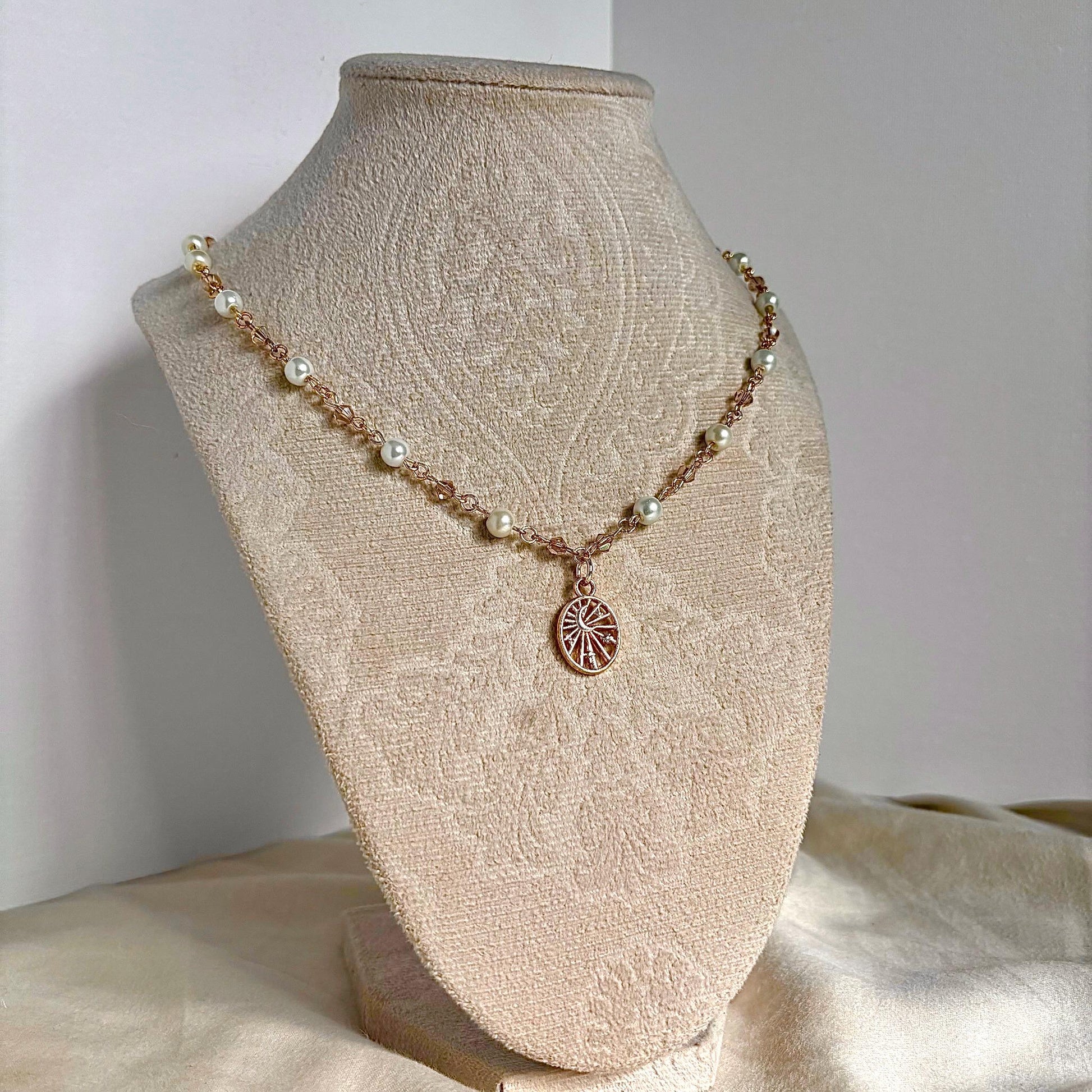 Pearl Gold Plated Charm Necklace with Multiple Charm Choices, Moon, Star, Horseshoe, Heart