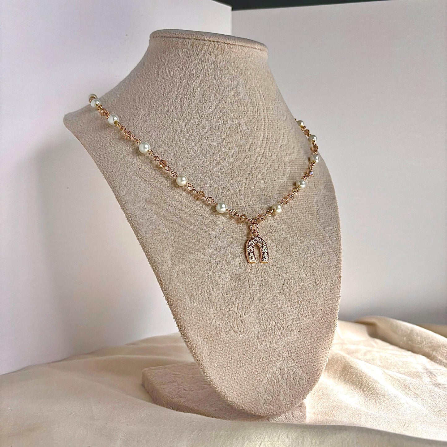 Pearl Gold Plated Charm Necklace with Multiple Charm Choices, Moon, Star, Horseshoe, Heart